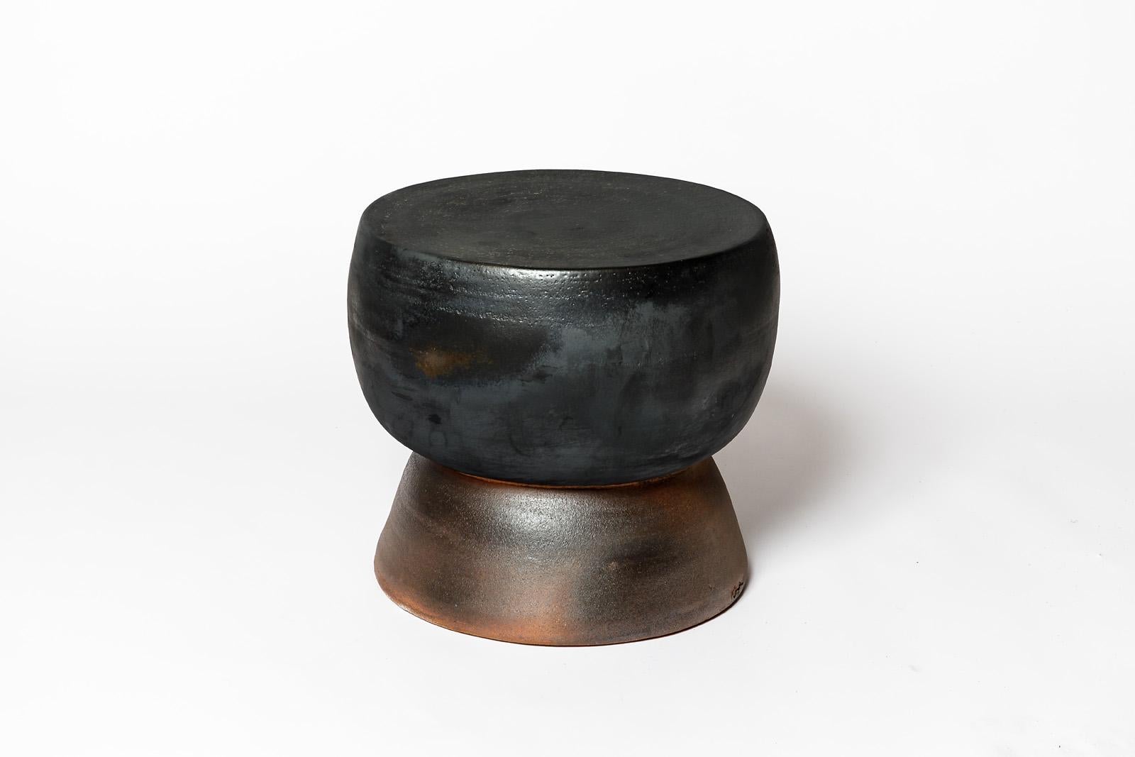 French Black glazed ceramic stool or coffee table by Mia Jensen, 2024. For Sale