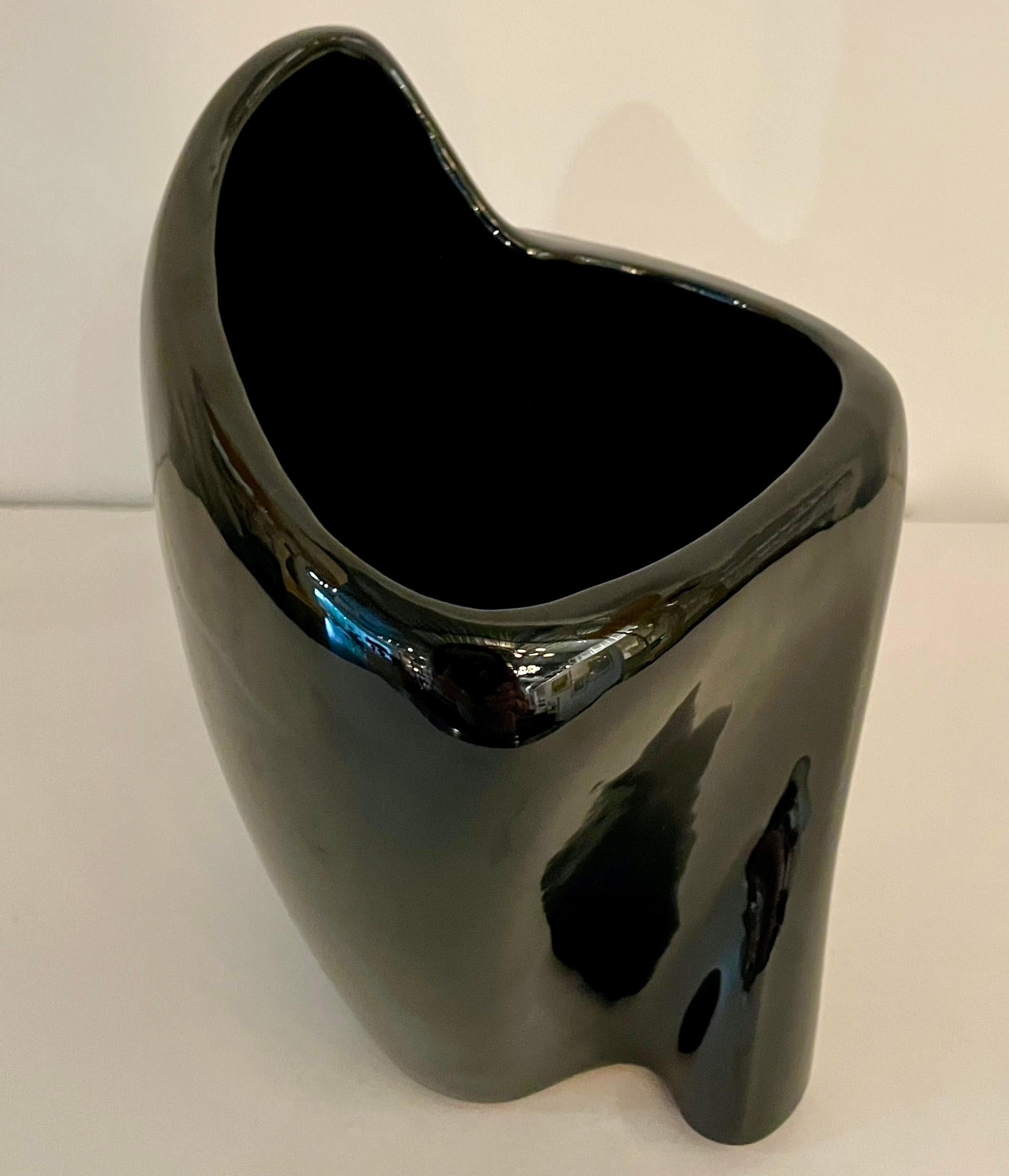 20th Century Black Glazed Pottery Organically Shaped Vase or Vessel by Frankoma For Sale