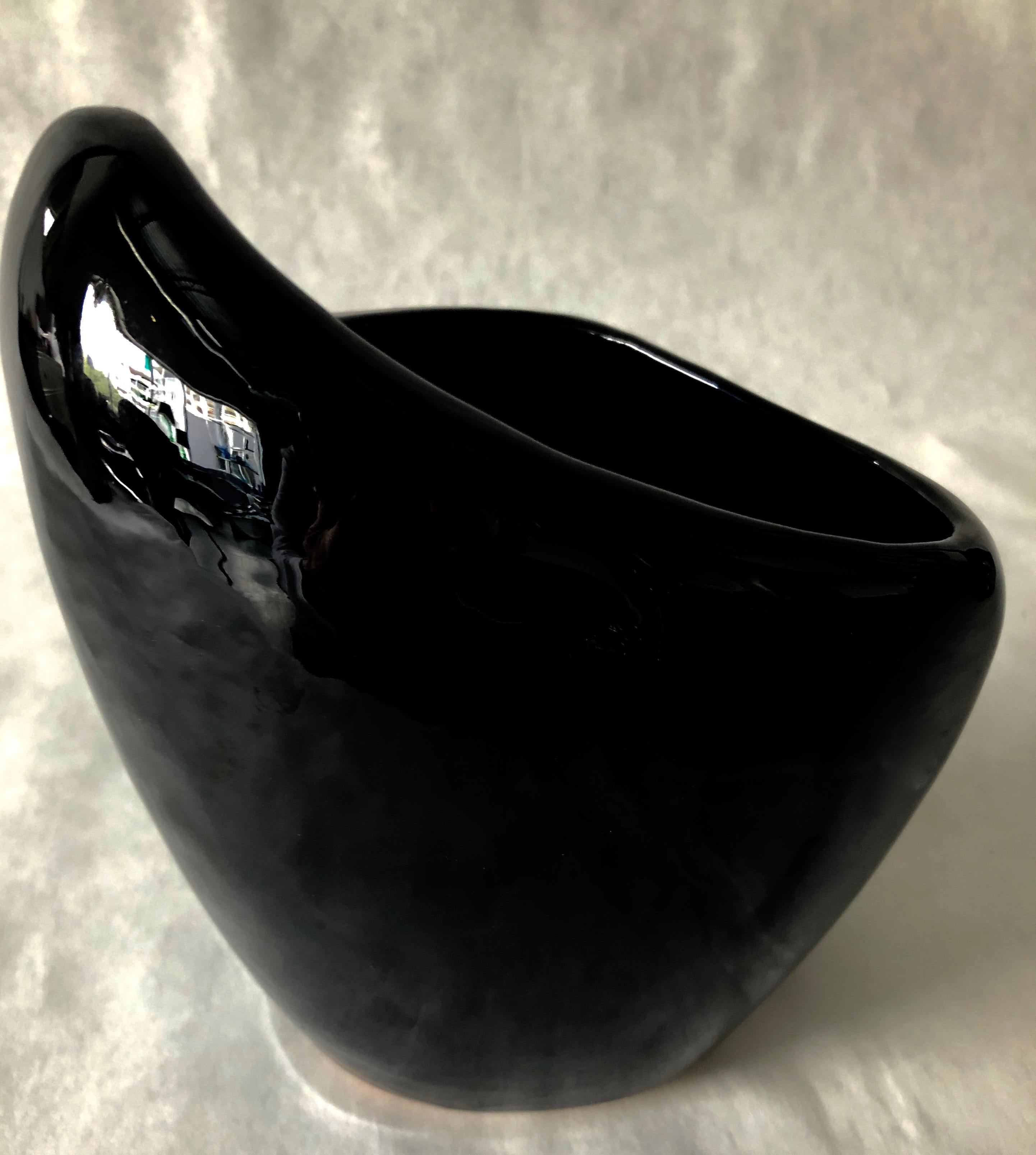 American Black Glazed Pottery Organically Shaped Vase or Vessel by Frankoma For Sale