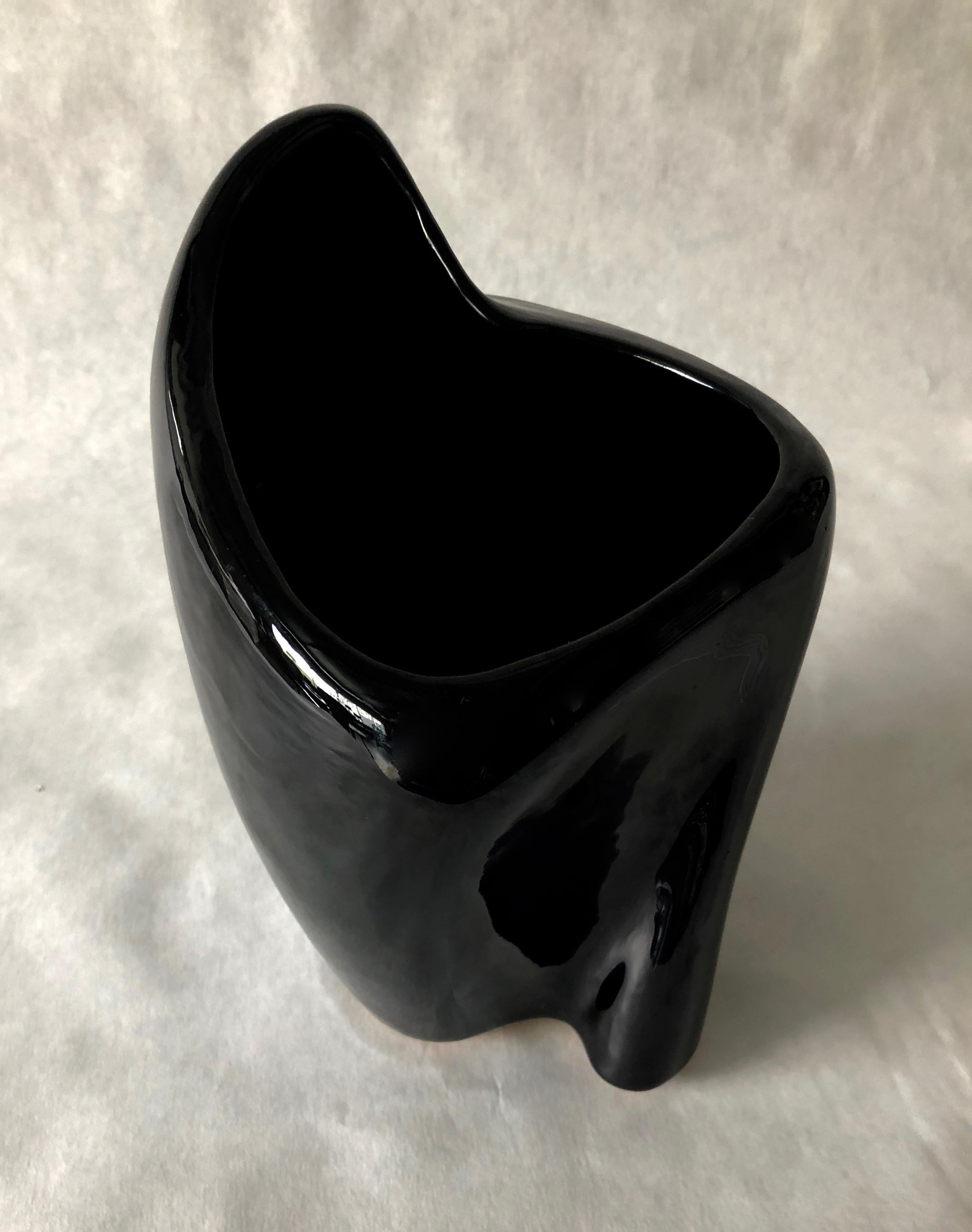 Black Glazed Pottery Organically Shaped Vase or Vessel by Frankoma In Good Condition For Sale In Houston, TX