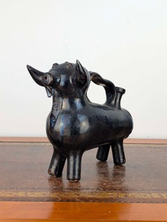 Black Glazed Spanish Folk Pottery Bull from Cuenca