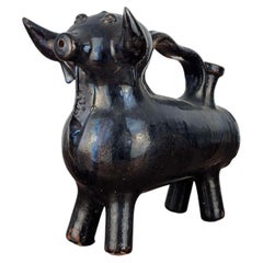 Black Glazed Spanish Folk Pottery Bull from Cuenca