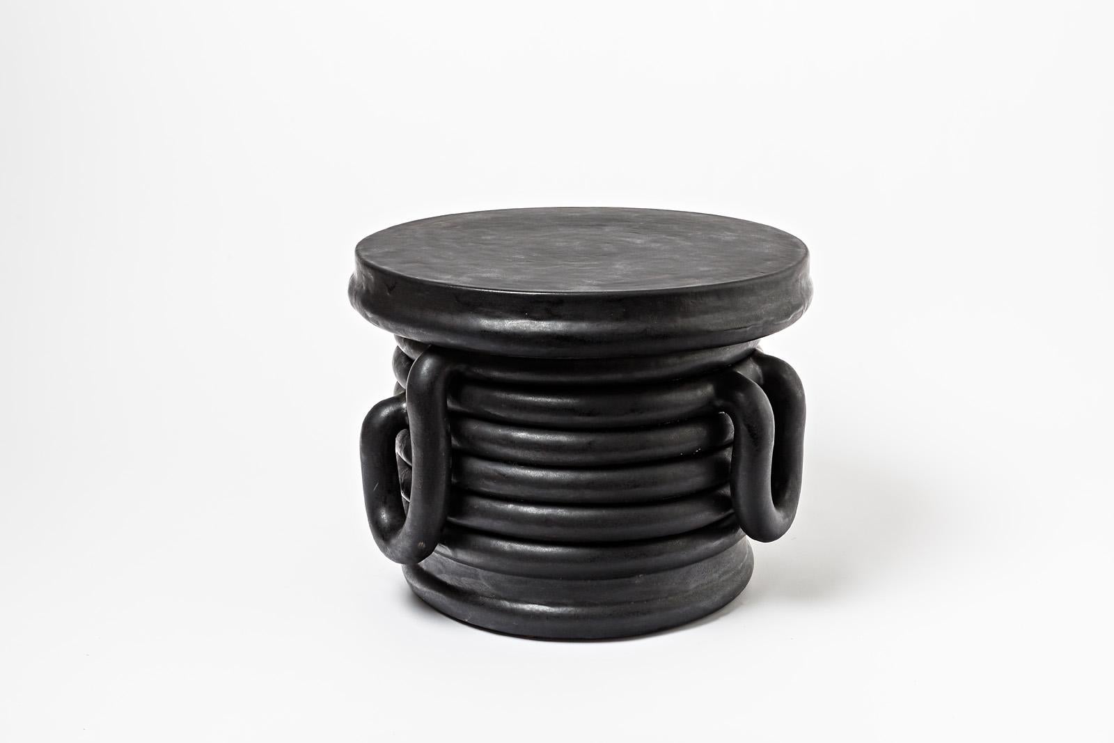 Black glazed stoneware bedside tables by Clémentine Dupré.
Artist signature under the base. 2021. 
This piece is in two parts.
H : 34 x 45 cm / 13’4 x 17'7 inches.
A pair is available.
