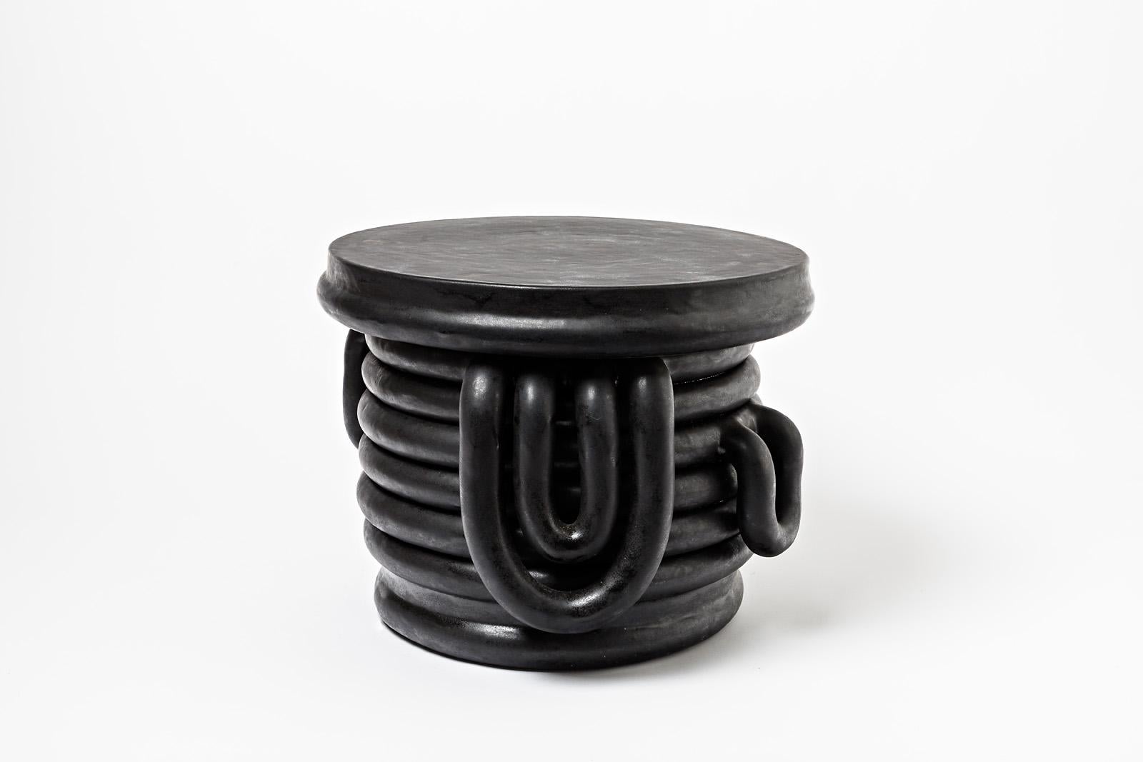 Ceramic Black Glazed Stoneware Bedside Tables by Clémentine Dupré, 2021 For Sale