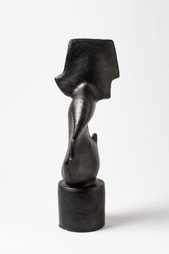 Escultura de gres esmaltado negro de Michel Lanos, circa 1980-1990