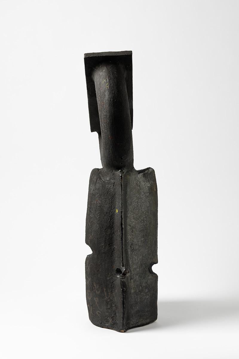 French Black glazed stoneware sculpture by Michel Lanos, Circa 1980-1990 For Sale