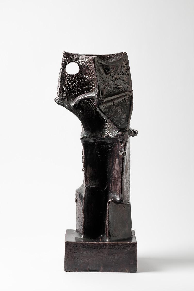 French Black glazed stoneware sculpture by Michel Lanos,  Circa 1980-1990 For Sale