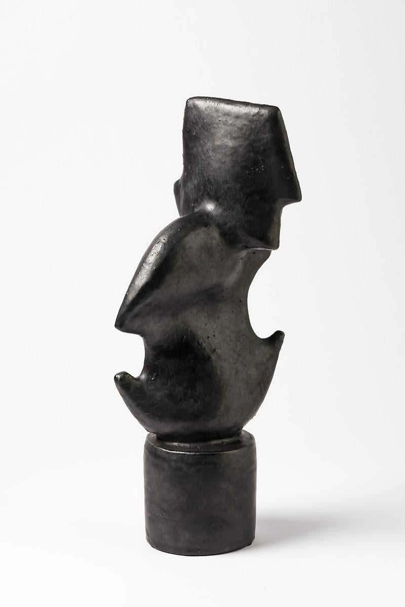 Black glazed stoneware sculpture by Michel Lanos, Circa 1980-1990 In Excellent Condition For Sale In Saint-Ouen, FR