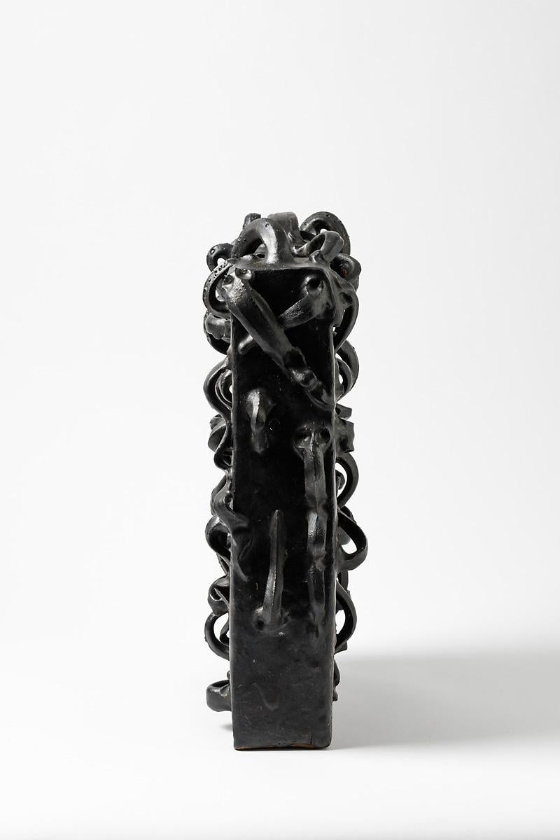 Beaux Arts Black glazed stoneware sculpture-vase by Michel Lanos,  Circa 1980-1990 For Sale