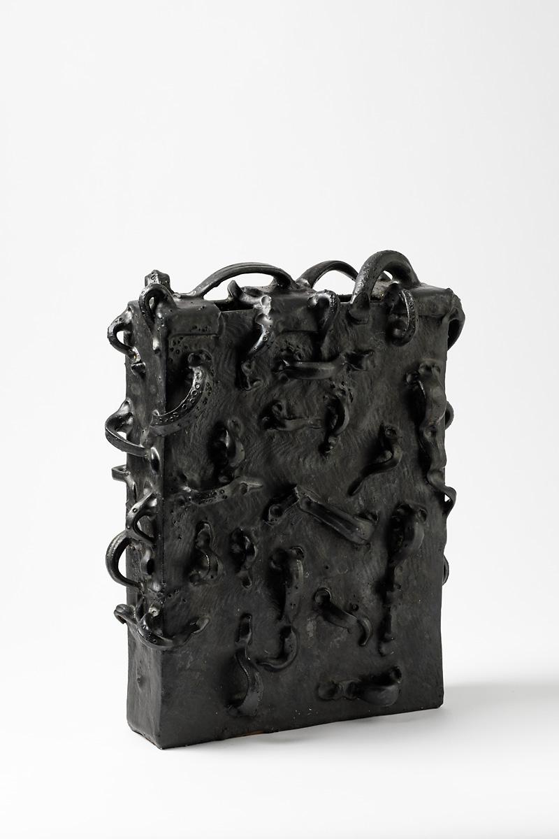 French Black glazed stoneware sculpture-vase by Michel Lanos,  Circa 1980-1990 For Sale
