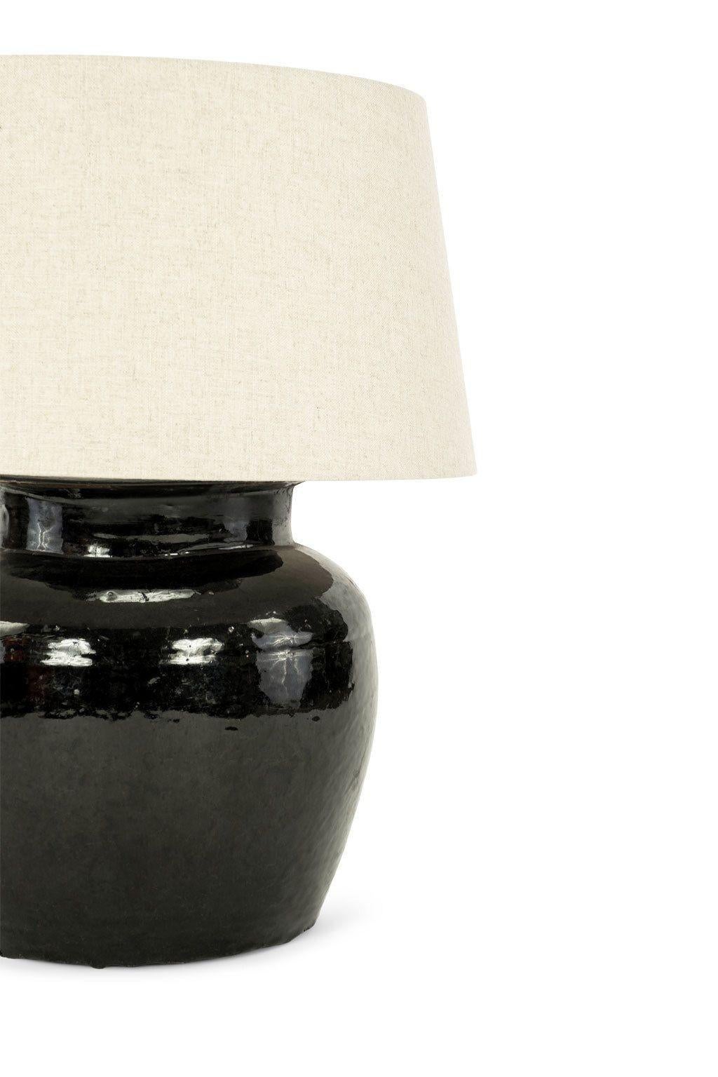 Black Glazed Terracotta Lamp In Good Condition In Houston, TX