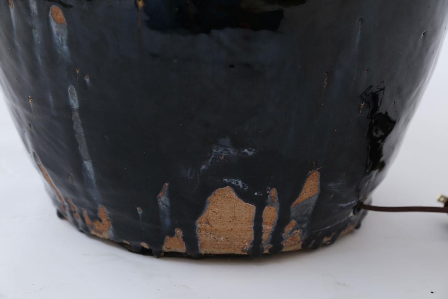 European Black Glazed Terracotta Table Lamp
