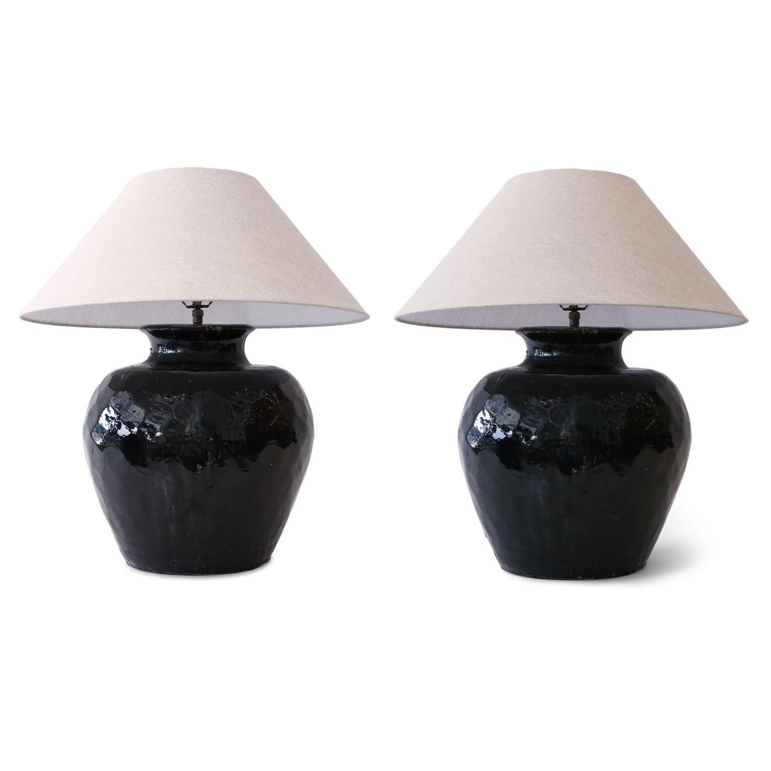 20th Century Black Glazed Terracotta Table Lamp
