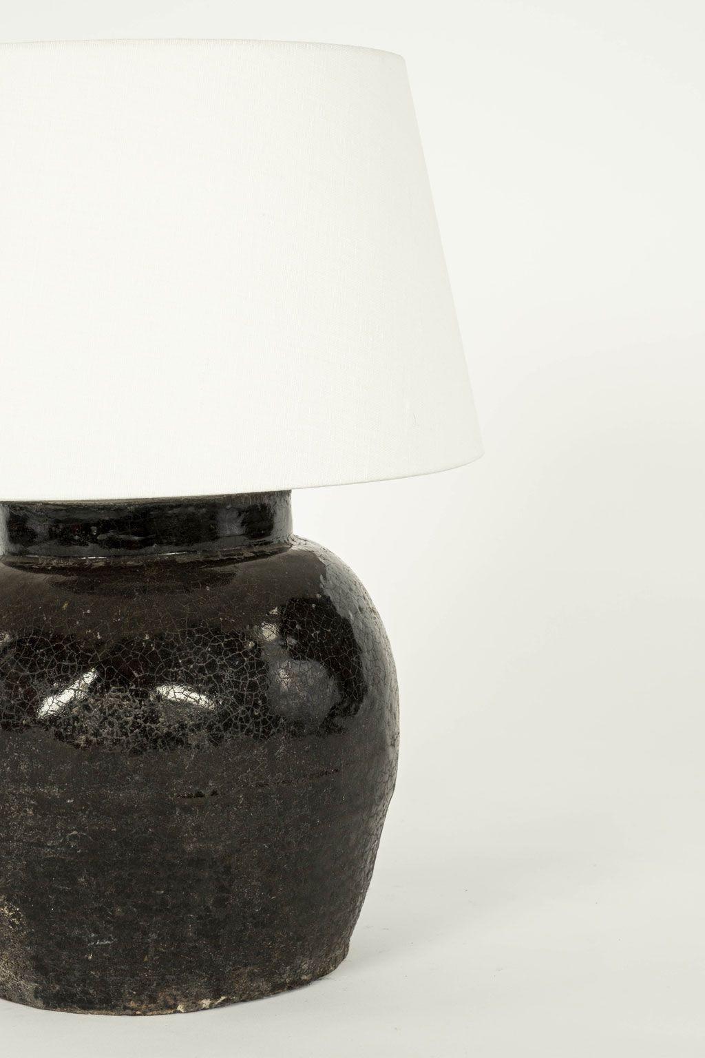Hand-Crafted Black Glazed Vase Lamp