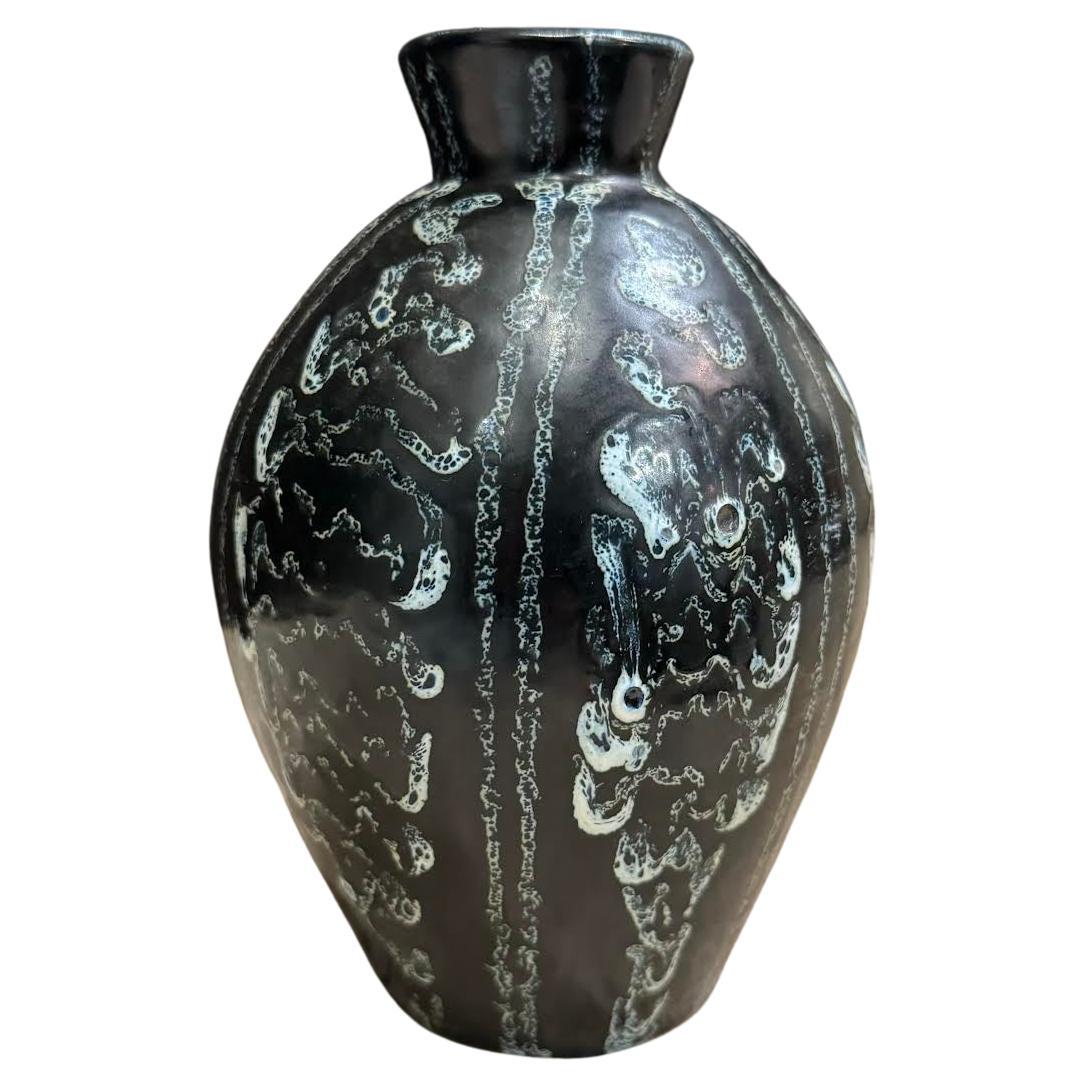 Black Glazed With White Design Vase, Italy, Mid Century For Sale