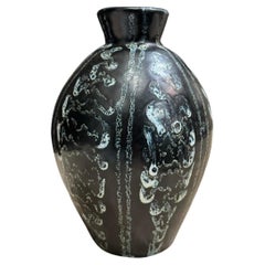 Black Glazed With White Design Vase, Italy, Mid Century