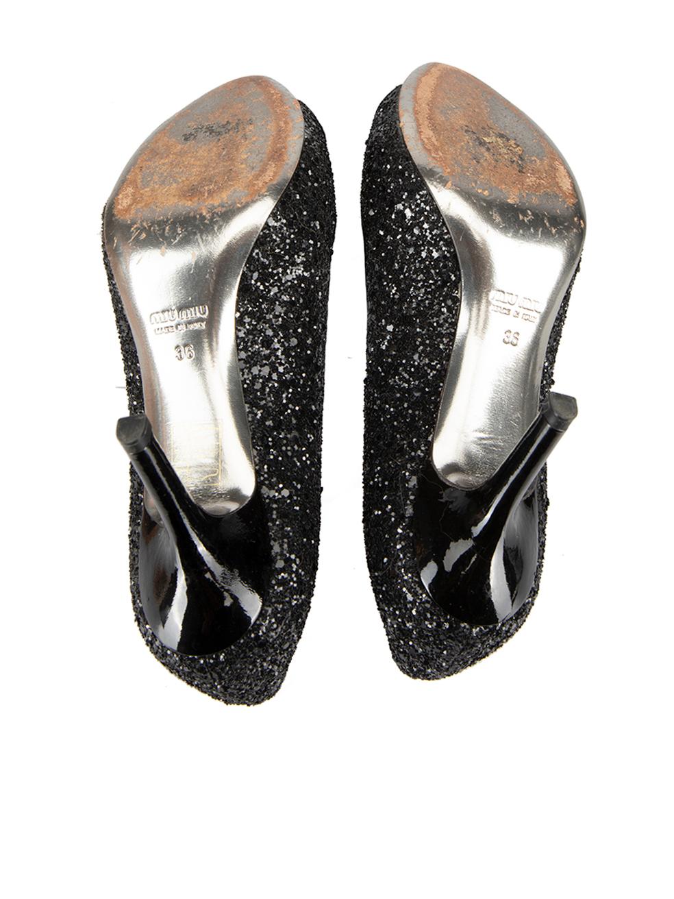 Women's Miu Miu Black Glitter Open Toe Heels Size IT 36 For Sale
