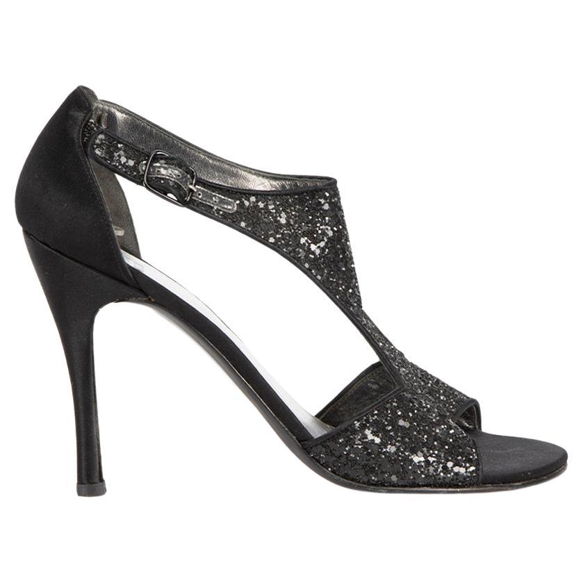 Black Glitter T Bar Sandals Size IT 40 For Sale