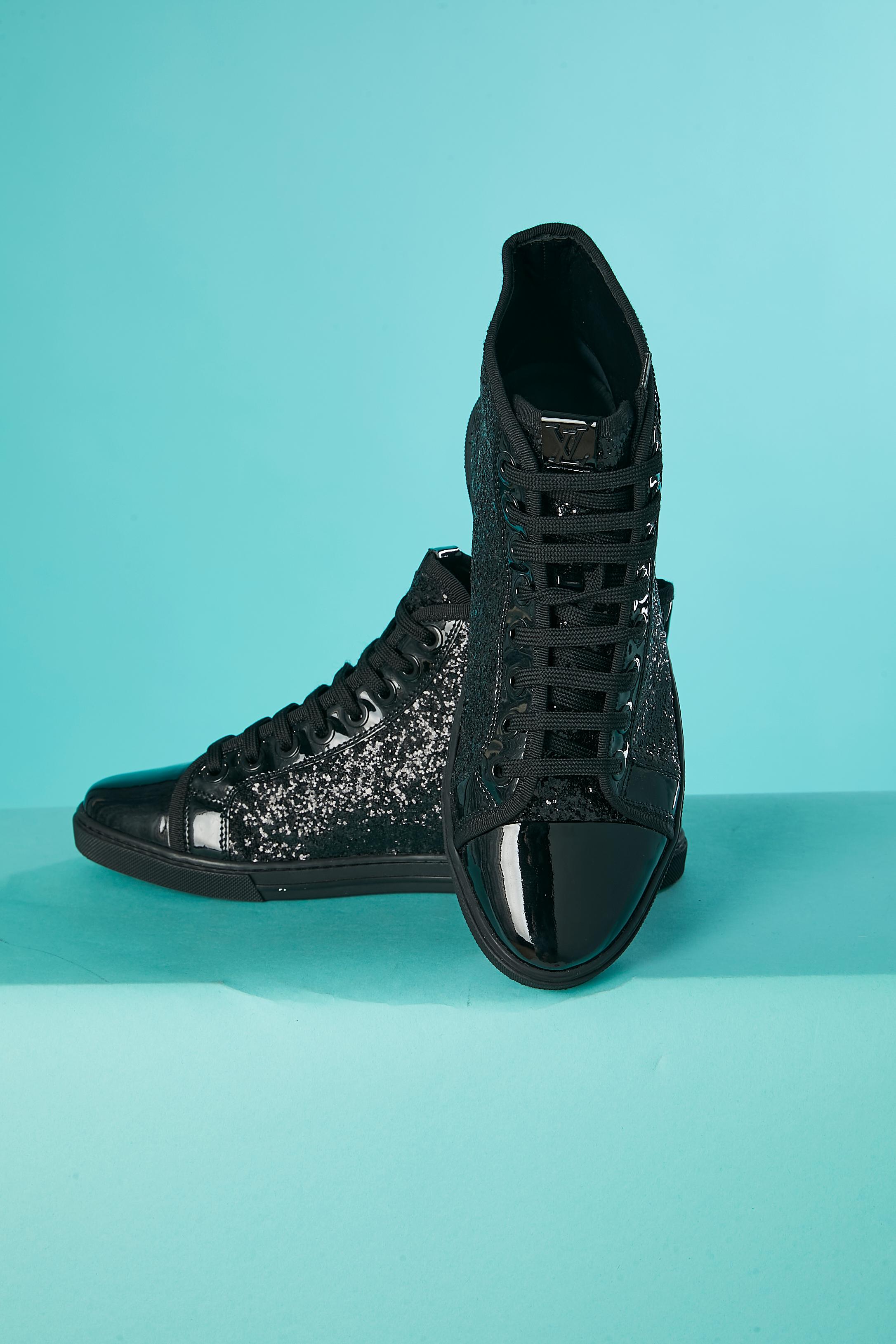 Women's or Men's Black glitters sneakers with black patent leather 