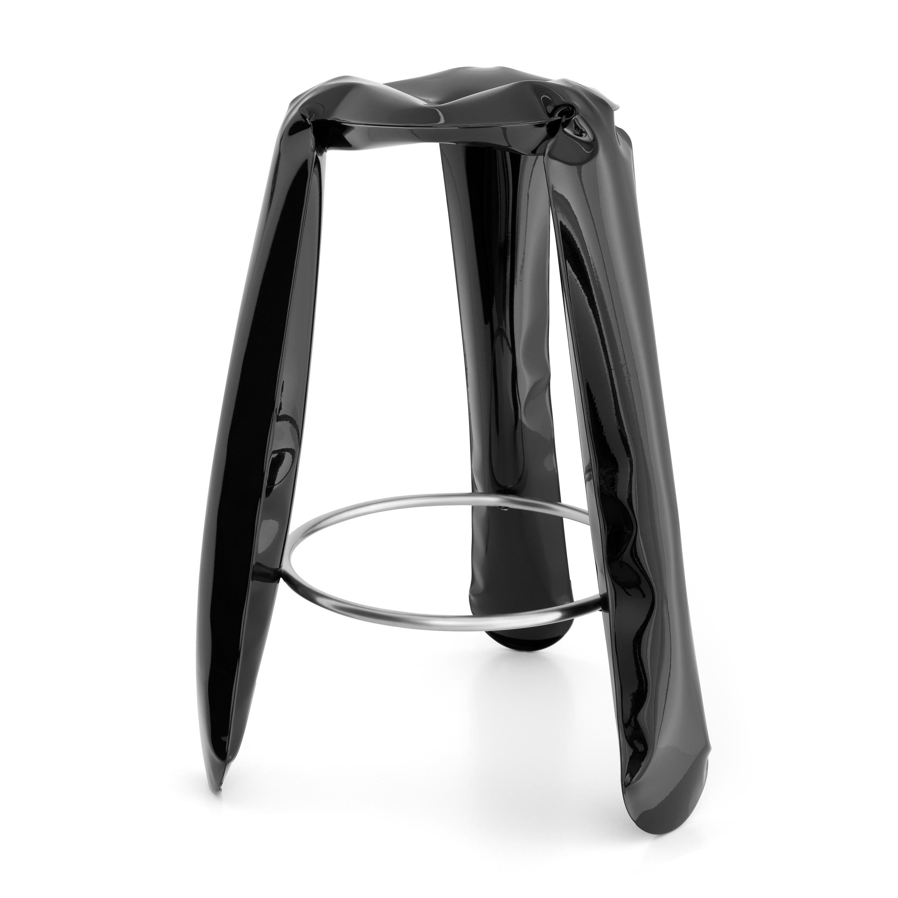 Black Glossy Steel Bar Plopp stool by Zieta
Dimensions: D 35 x H 75 cm 
Material: Carbon steel. 
Finish: Powder-Coated. Glossy finish. 
Available in colors: Beige, black, white, blue, graphite, moss, umbra gray, flaming gold, and cosmic blue.