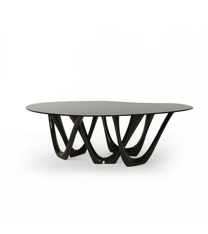 Black Glossy Steel G-Table by Zieta
Dimensions: D 110 x W 220 x H 75 cm 
Material: Carbon steel. 
Finish: Powder-Coated. Glossy finish. 
Available in colors: Beige, Black/Brown, Black glossy, Blue-grey, Concrete grey, Graphite, Gray Beige,
