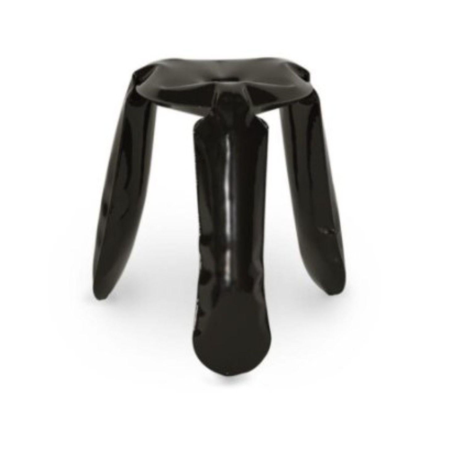 Black glossy steel standard Plopp stool by Zieta
Dimensions: D 35 x H 50 cm 
Material: Carbon steel. 
Finish: Powder-coated. Glossy finish. 
Available in colors: Graphite, moss grey, umbra grey, beige grey, blue grey. Available in stainless steel,