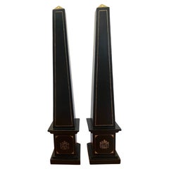 Black & Gold accents Tall Tooled Leather Pair of Obelisk By Maitland Smith