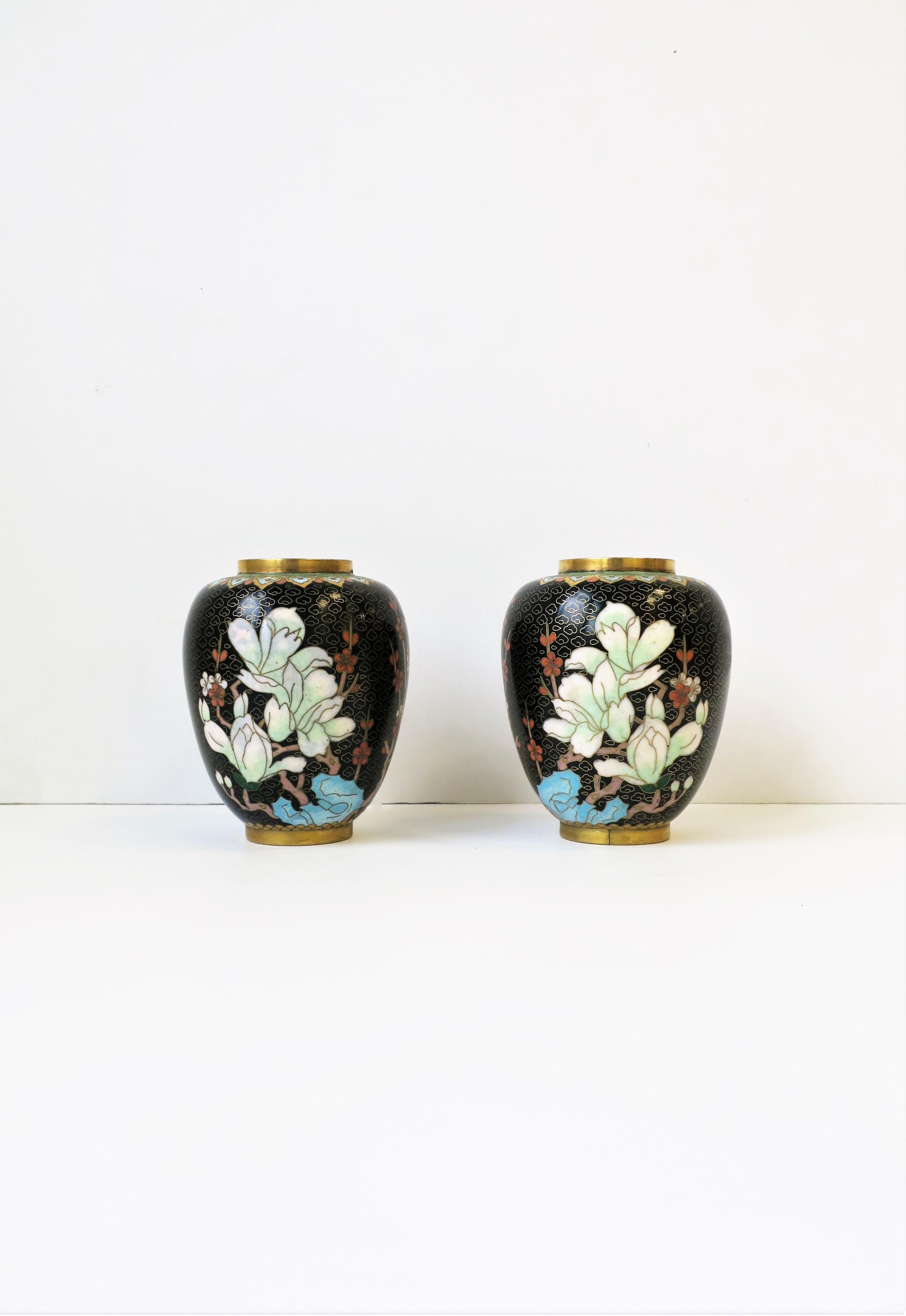 Cloisonné́ Enamel and Brass Flower Vases Black Gold and Pastel Colors, Pair For Sale 3