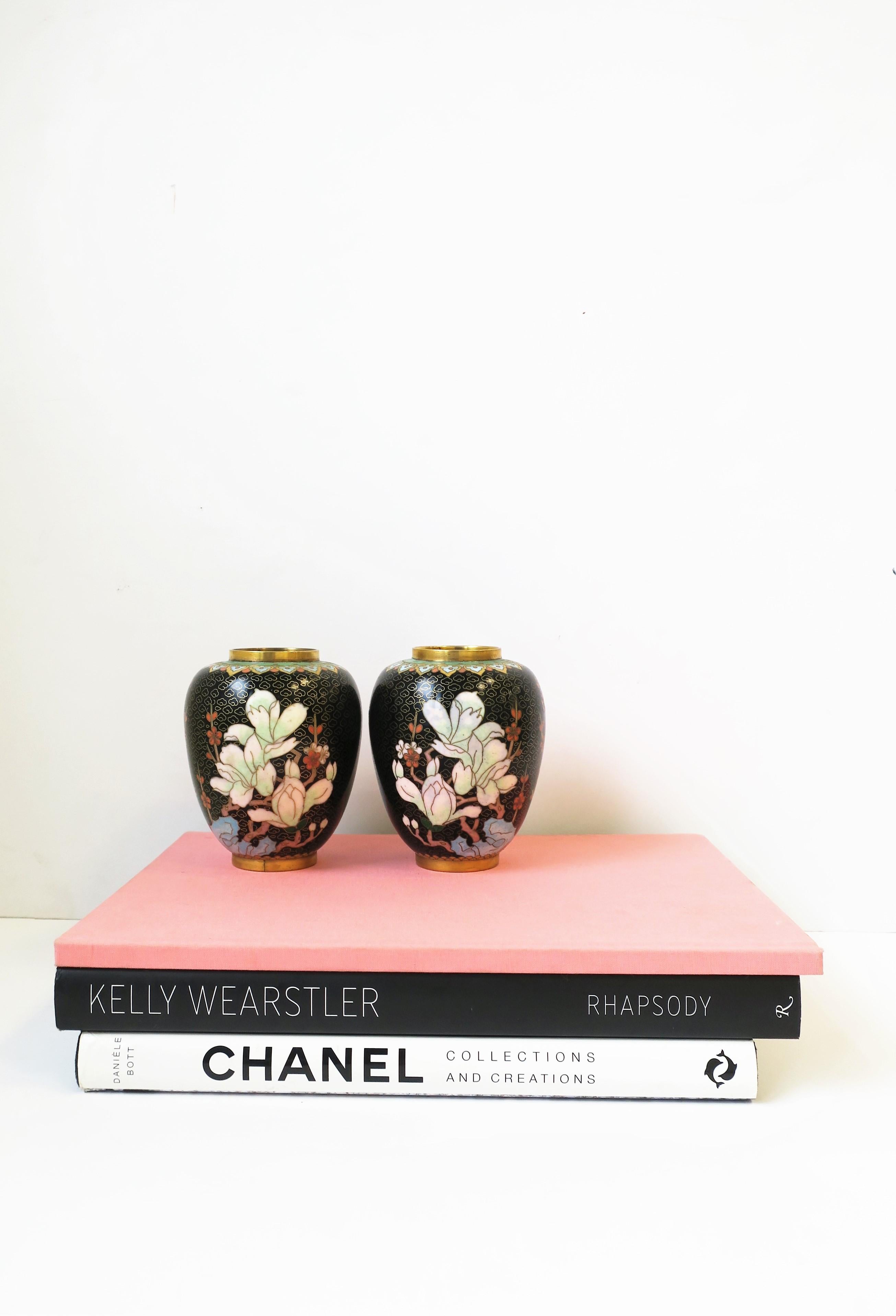 Cloisonné́ Enamel and Brass Flower Vases Black Gold and Pastel Colors, Pair For Sale 6