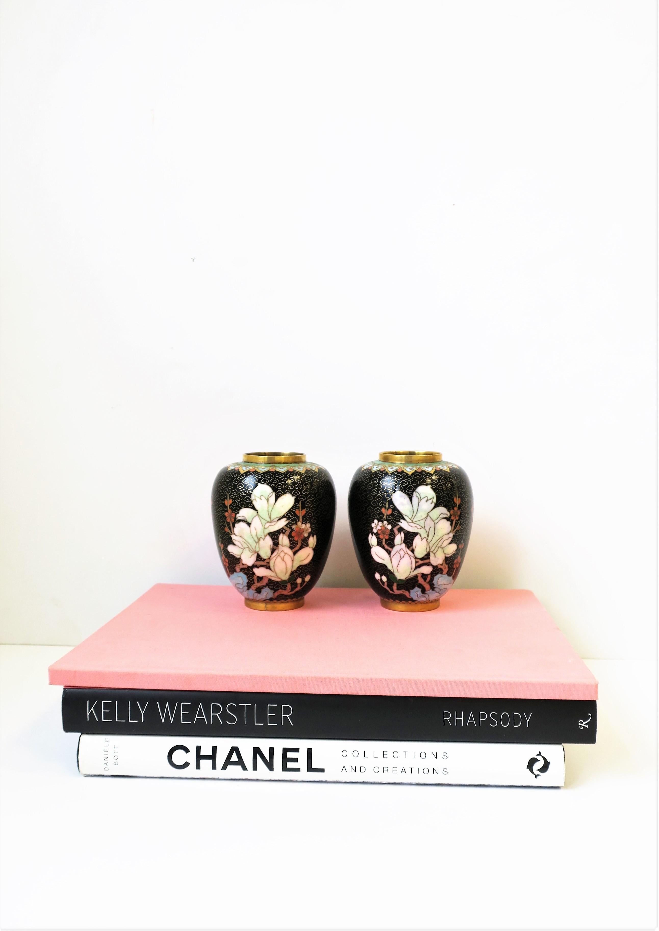 Cloisonné́ Enamel and Brass Flower Vases Black Gold and Pastel Colors, Pair For Sale 8