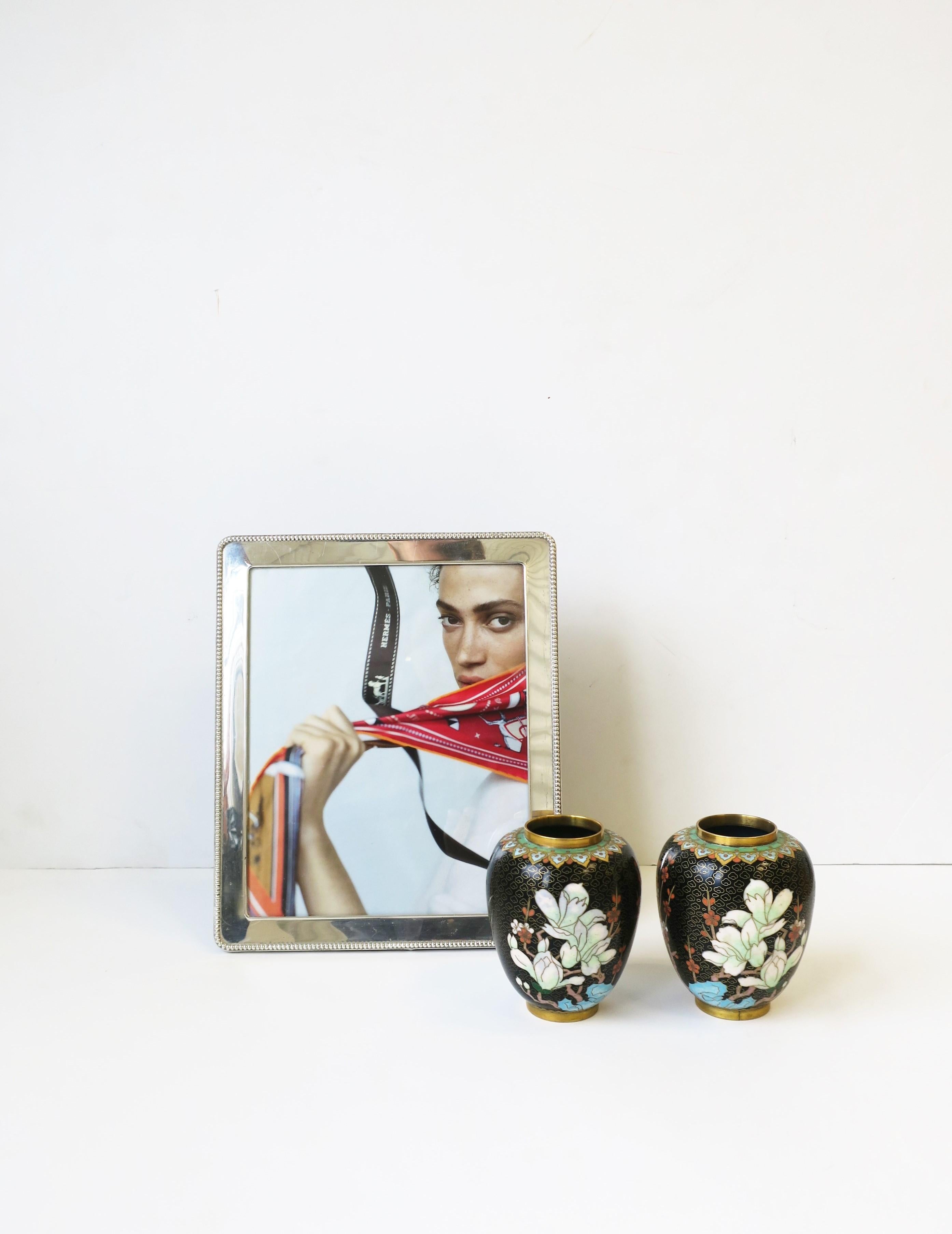 Asian Cloisonné́ Enamel and Brass Flower Vases Black Gold and Pastel Colors, Pair For Sale