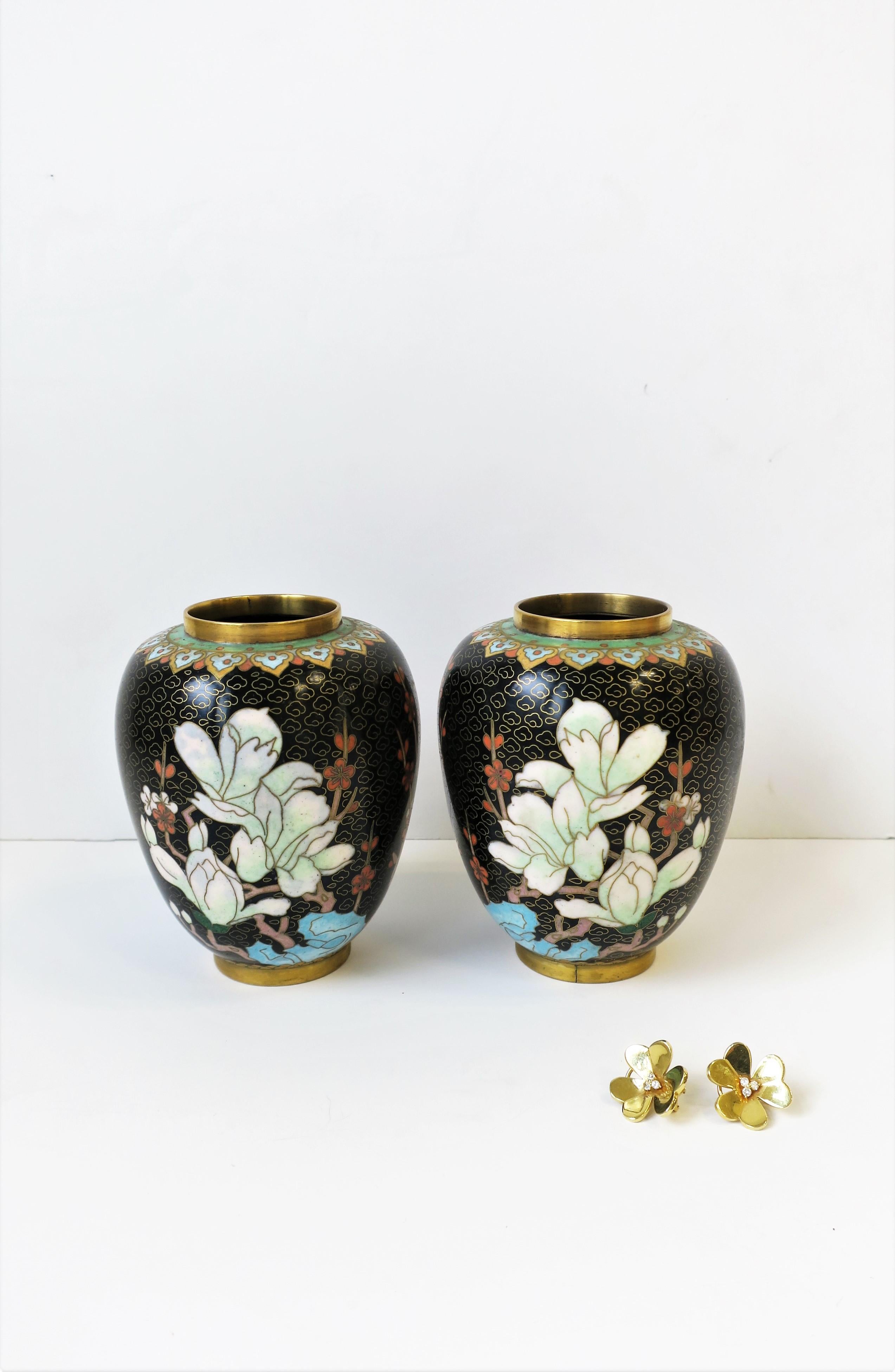 Enameled Cloisonné́ Enamel and Brass Flower Vases Black Gold and Pastel Colors, Pair For Sale