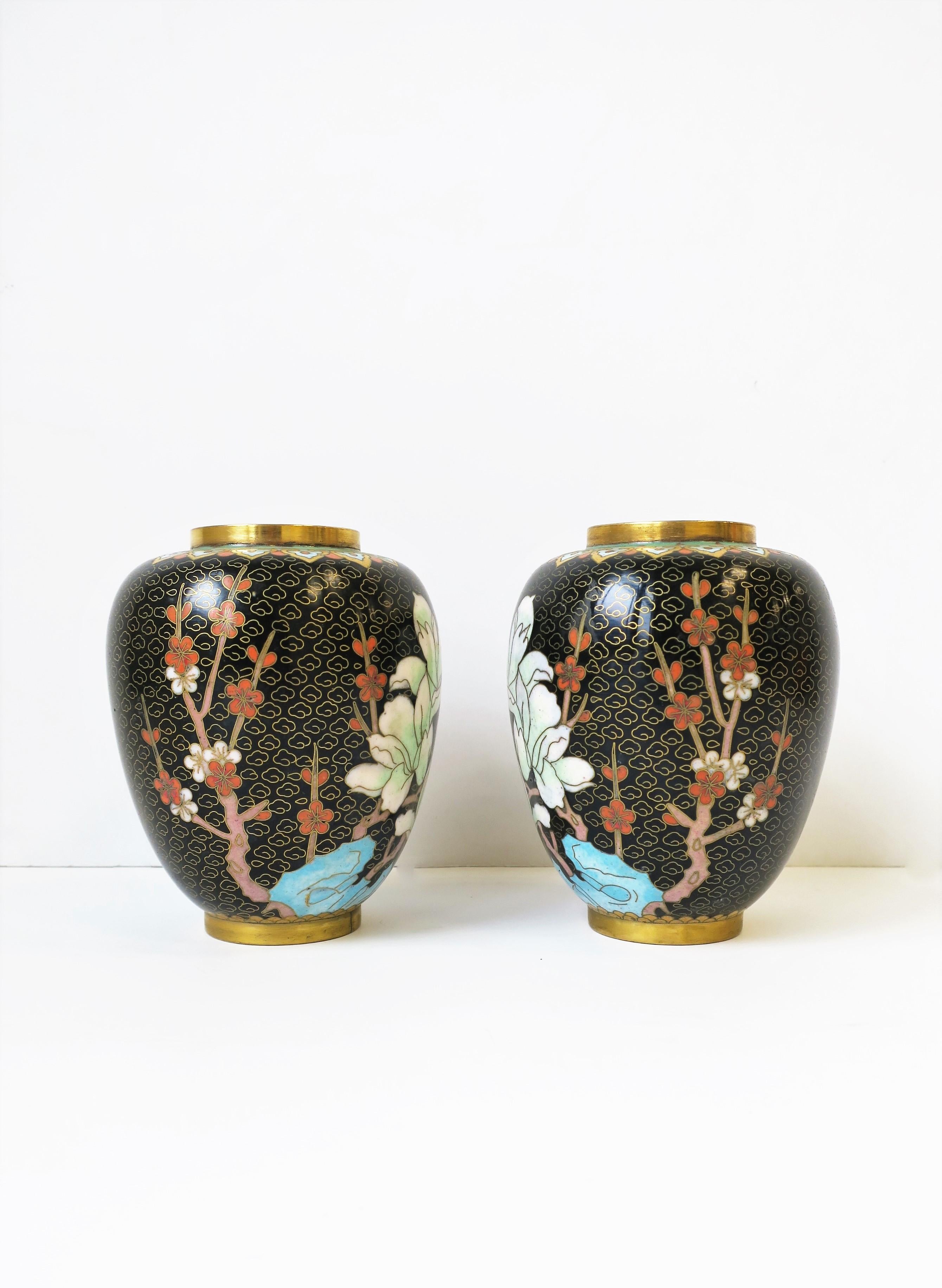 Cloisonné́ Enamel and Brass Flower Vases Black Gold and Pastel Colors, Pair In Good Condition For Sale In New York, NY