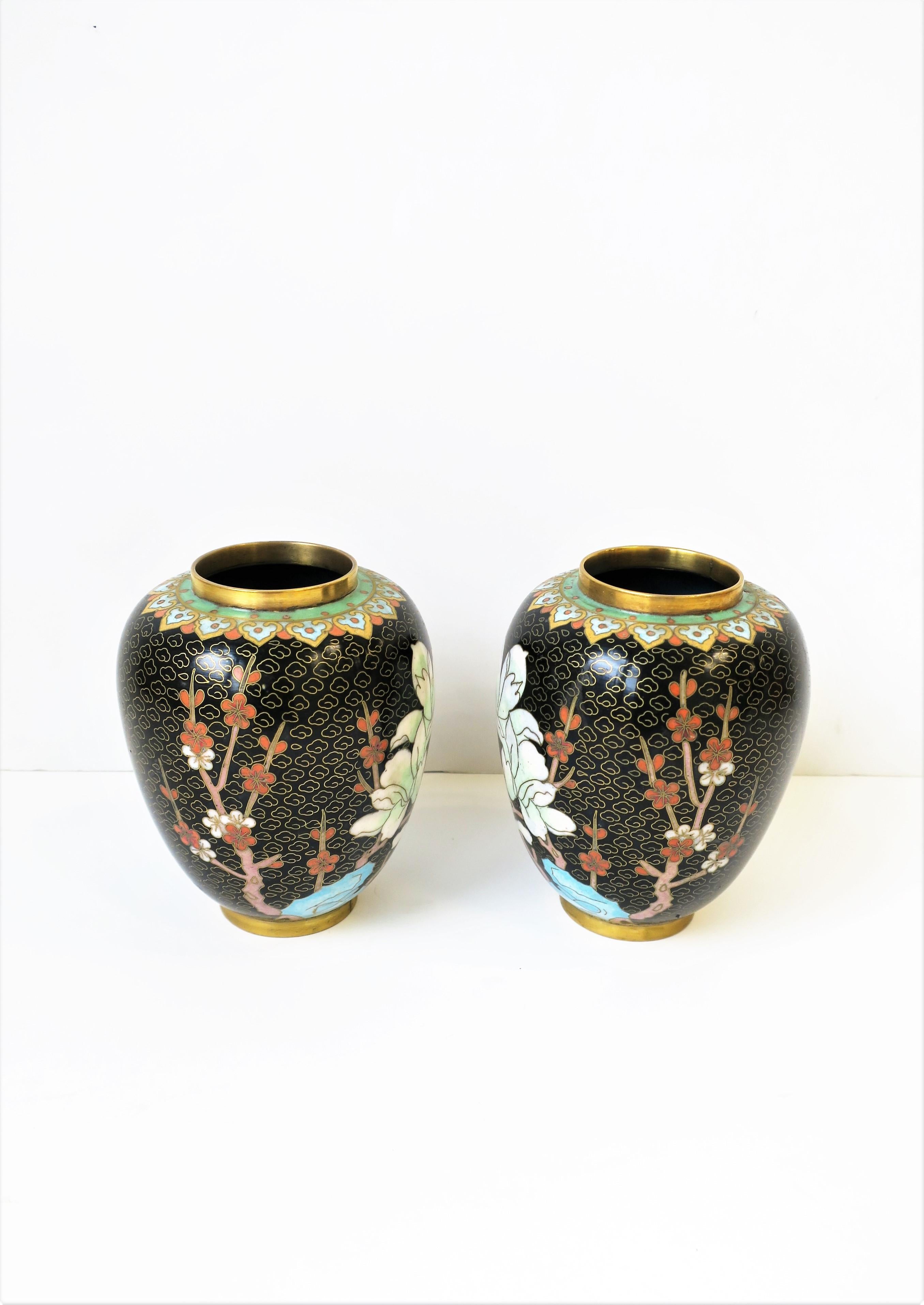 20th Century Cloisonné́ Enamel and Brass Flower Vases Black Gold and Pastel Colors, Pair For Sale