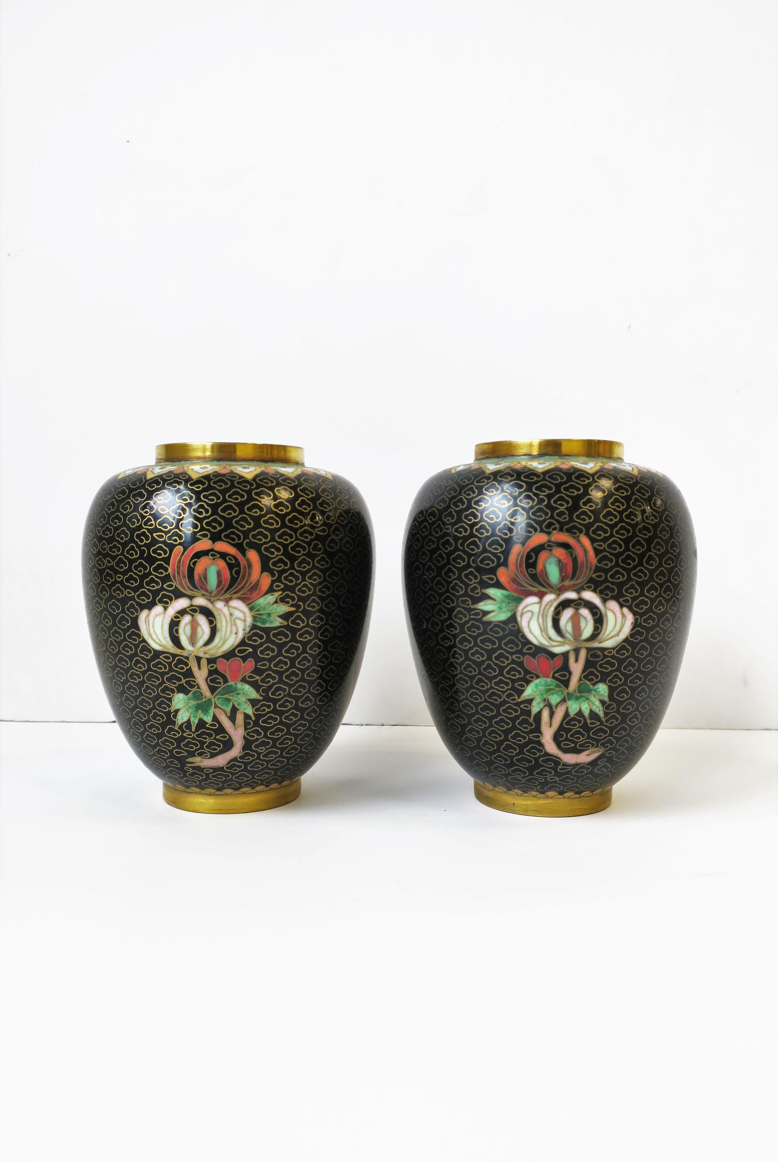 Cloisonné́ Enamel and Brass Flower Vases Black Gold and Pastel Colors, Pair For Sale 1
