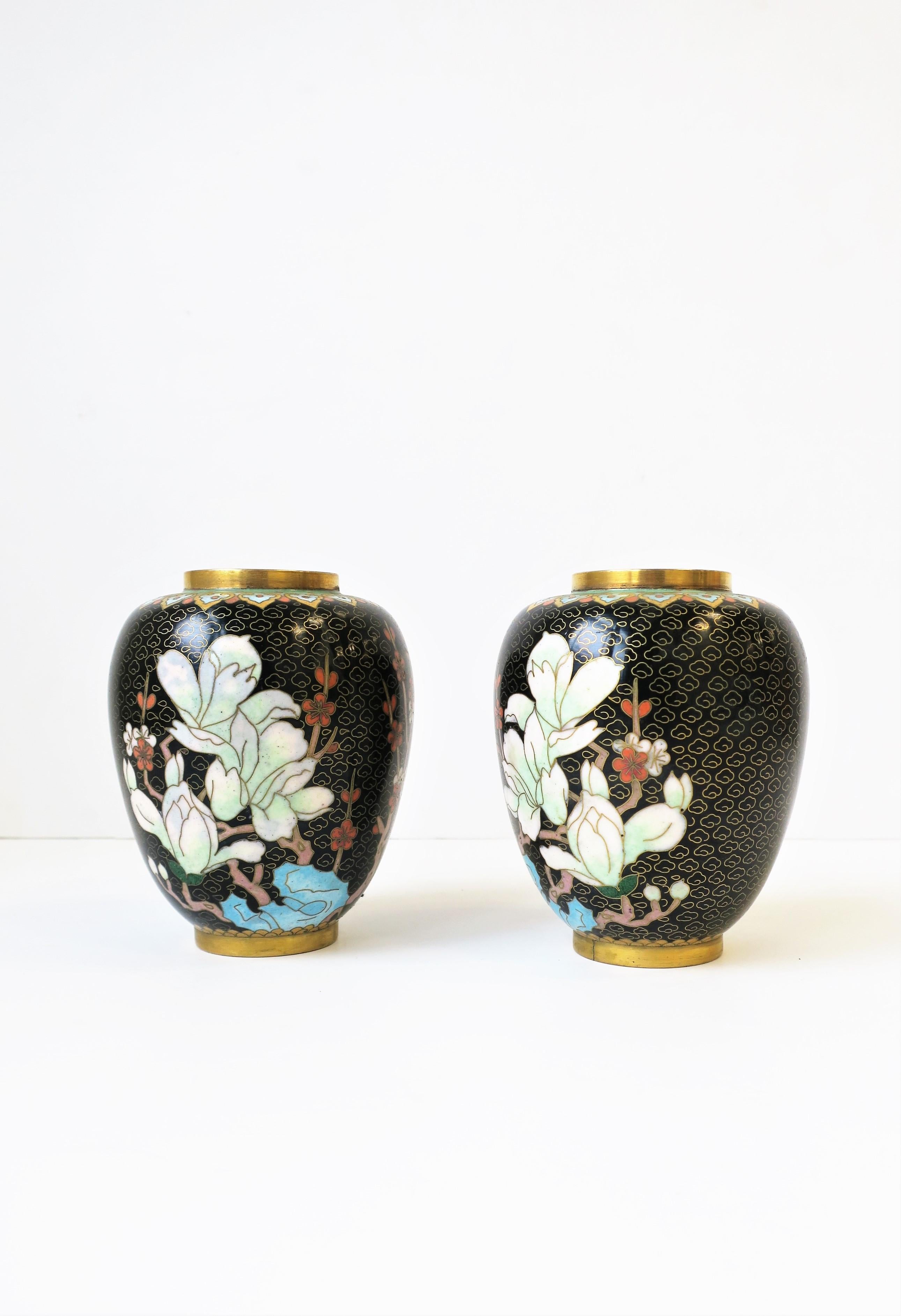 Cloisonné́ Enamel and Brass Flower Vases Black Gold and Pastel Colors, Pair For Sale 2