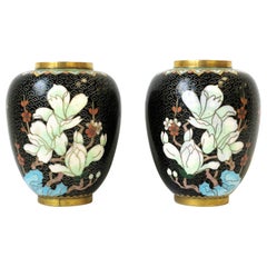 Vintage Cloisonné́ Enamel and Brass Flower Vases Black Gold and Pastel Colors, Pair