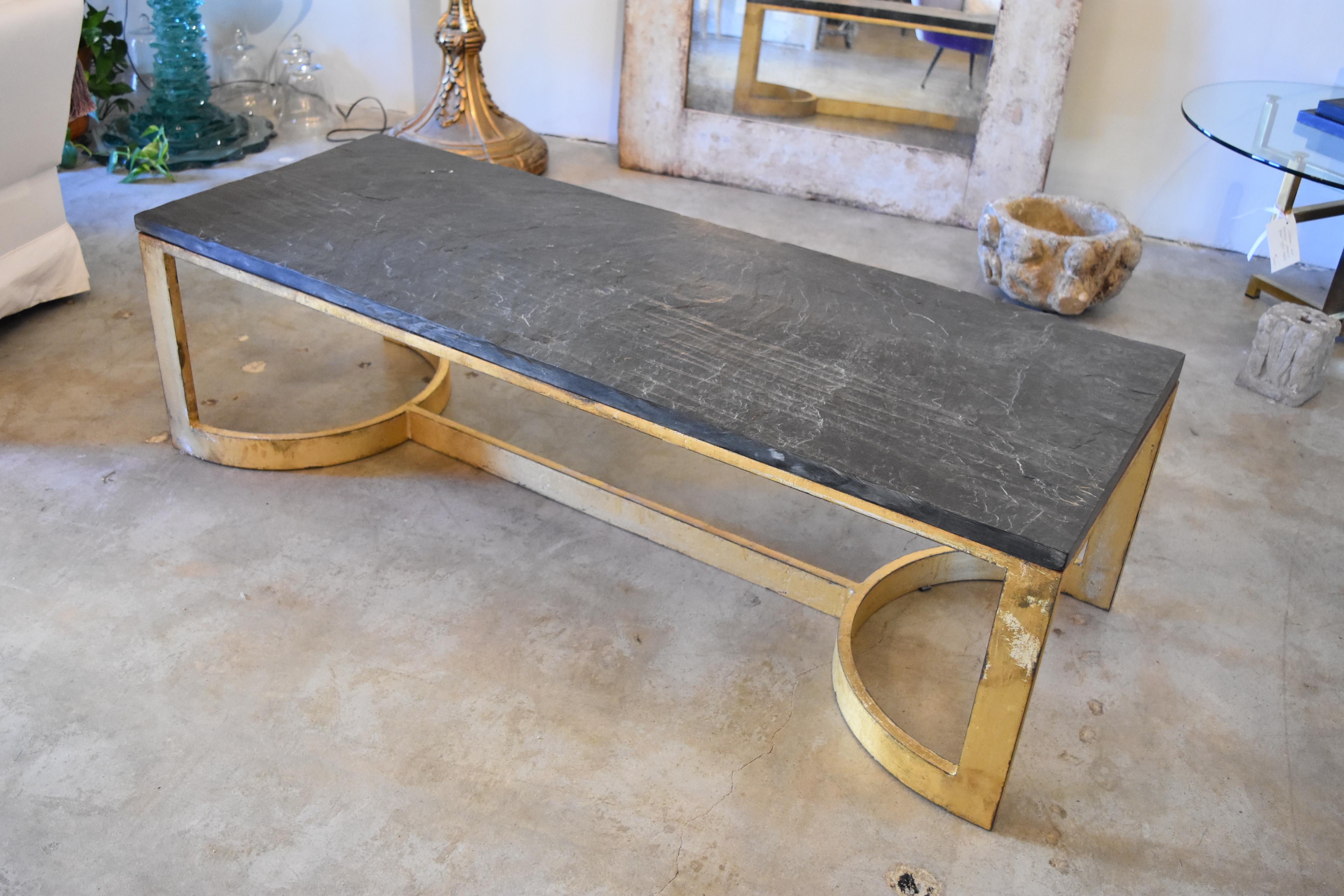 Black and Gold Antica Collection Fabricated Steel Table with Thick Slate Top In Good Condition In Houston, TX