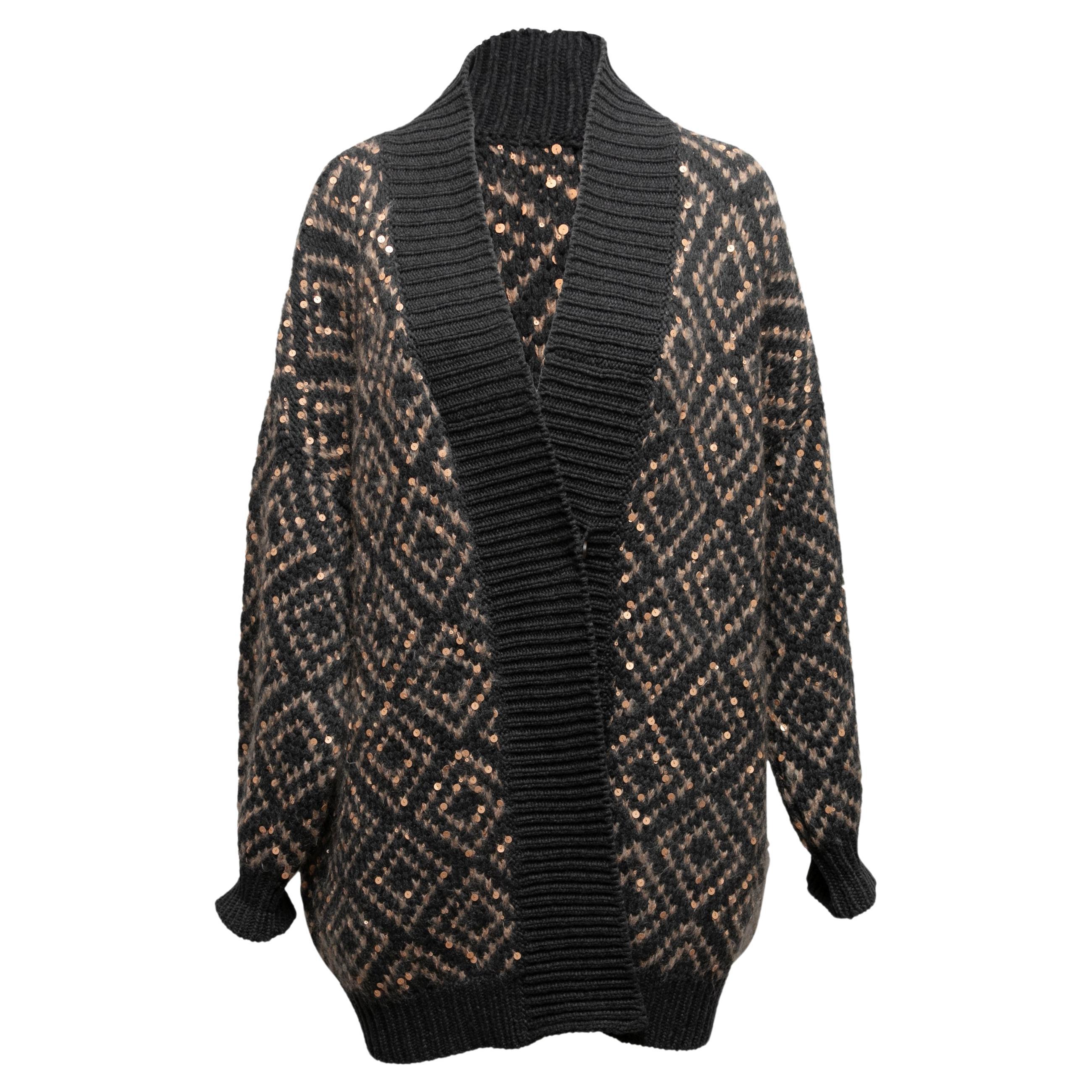 Black & Gold Brunello Cucinelli Virgin Wool & Cashmere Cardigan Size US M For Sale