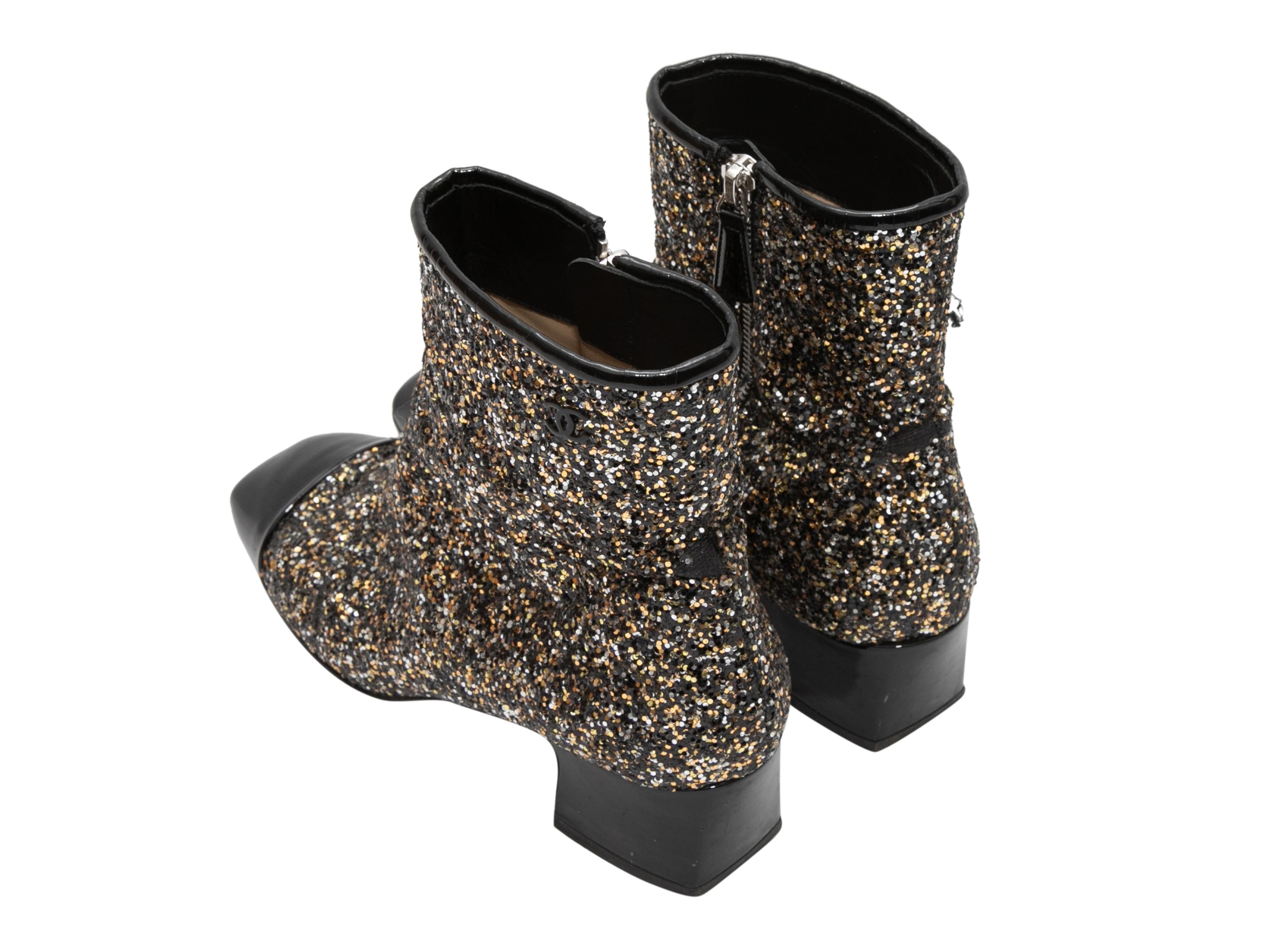 Women's Black & Gold Chanel Glitter Cap-Toe Ankle Boots For Sale