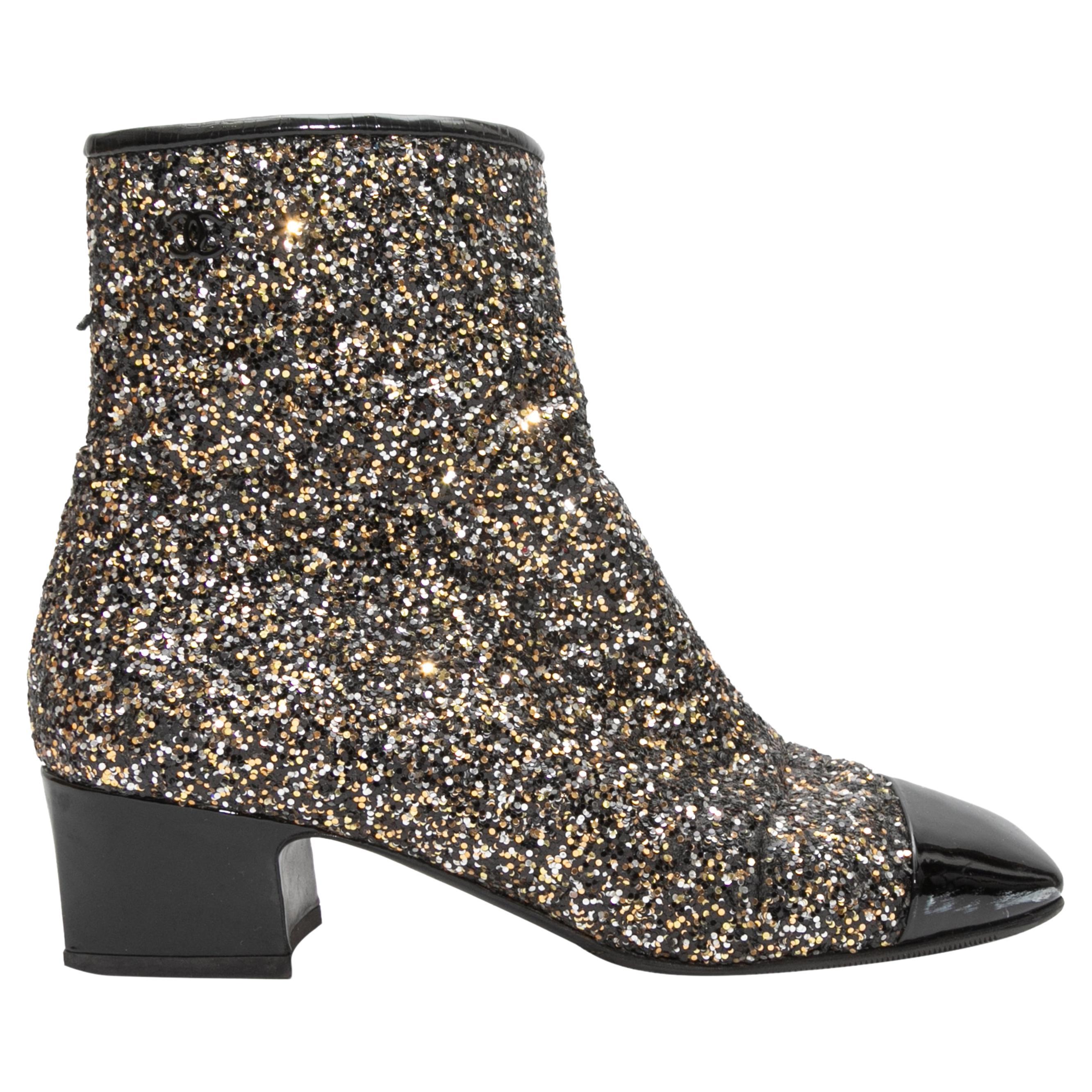 Black & Gold Chanel Glitter Cap-Toe Ankle Boots For Sale