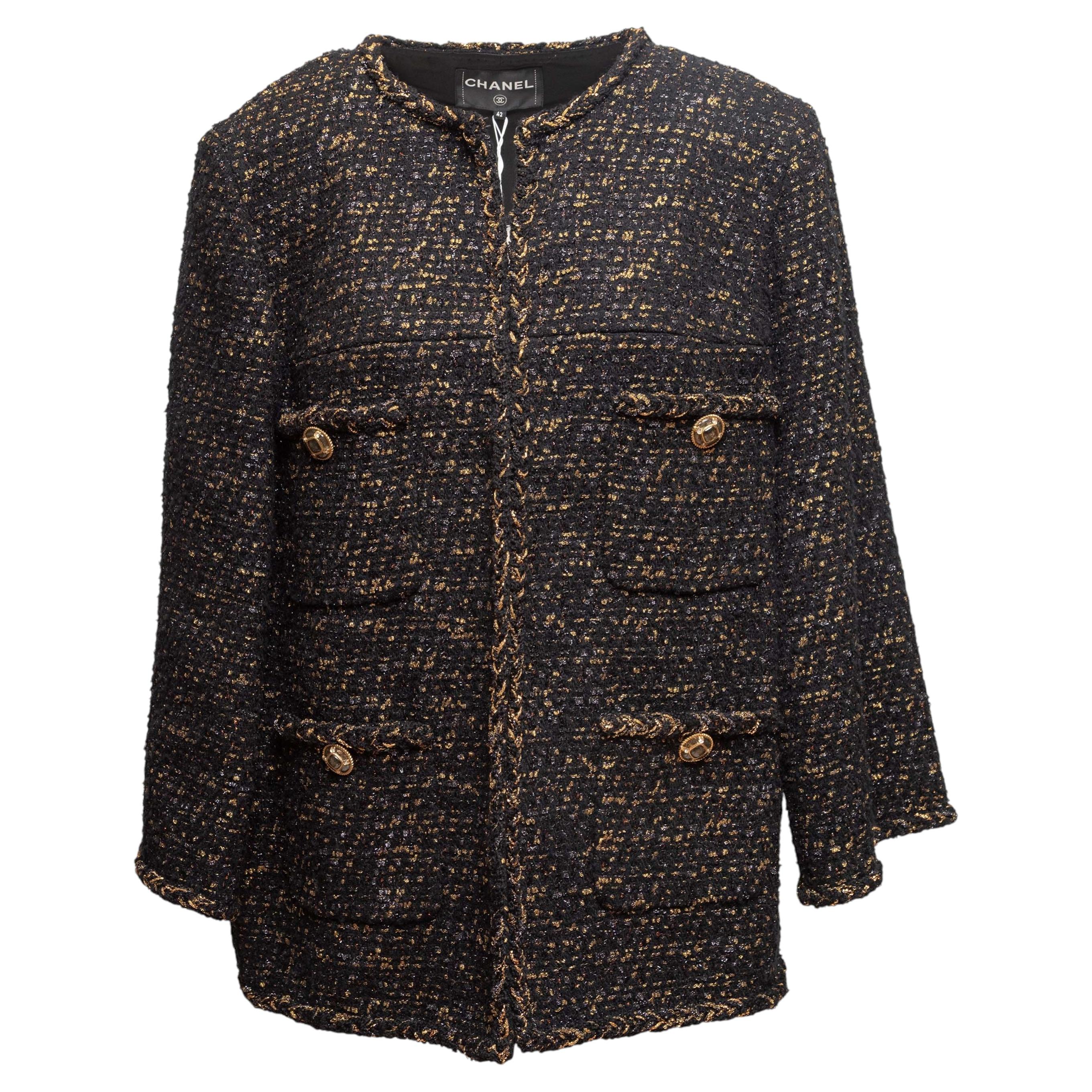 Black & Gold Chanel Wool-Blend Tweed Jacket Size FR 42