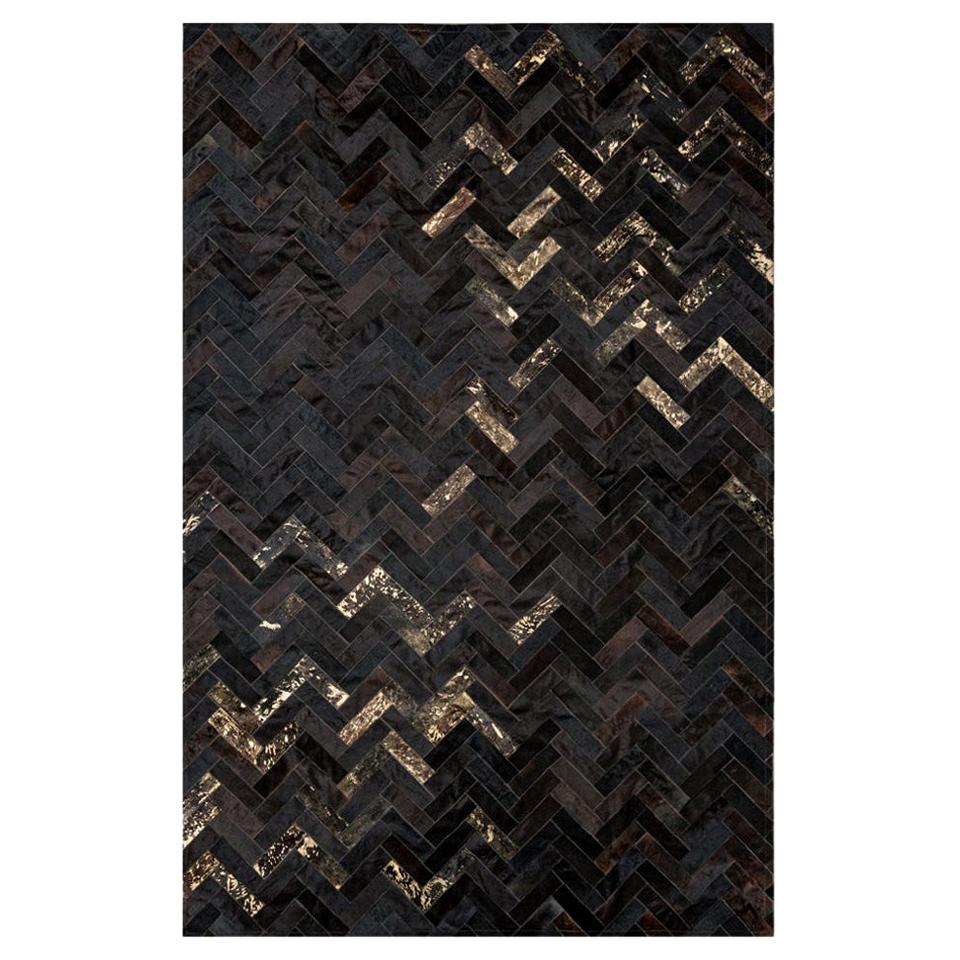 Grand tapis de sol Art Déco Estrella personnalisable en cuir de vache noir et or