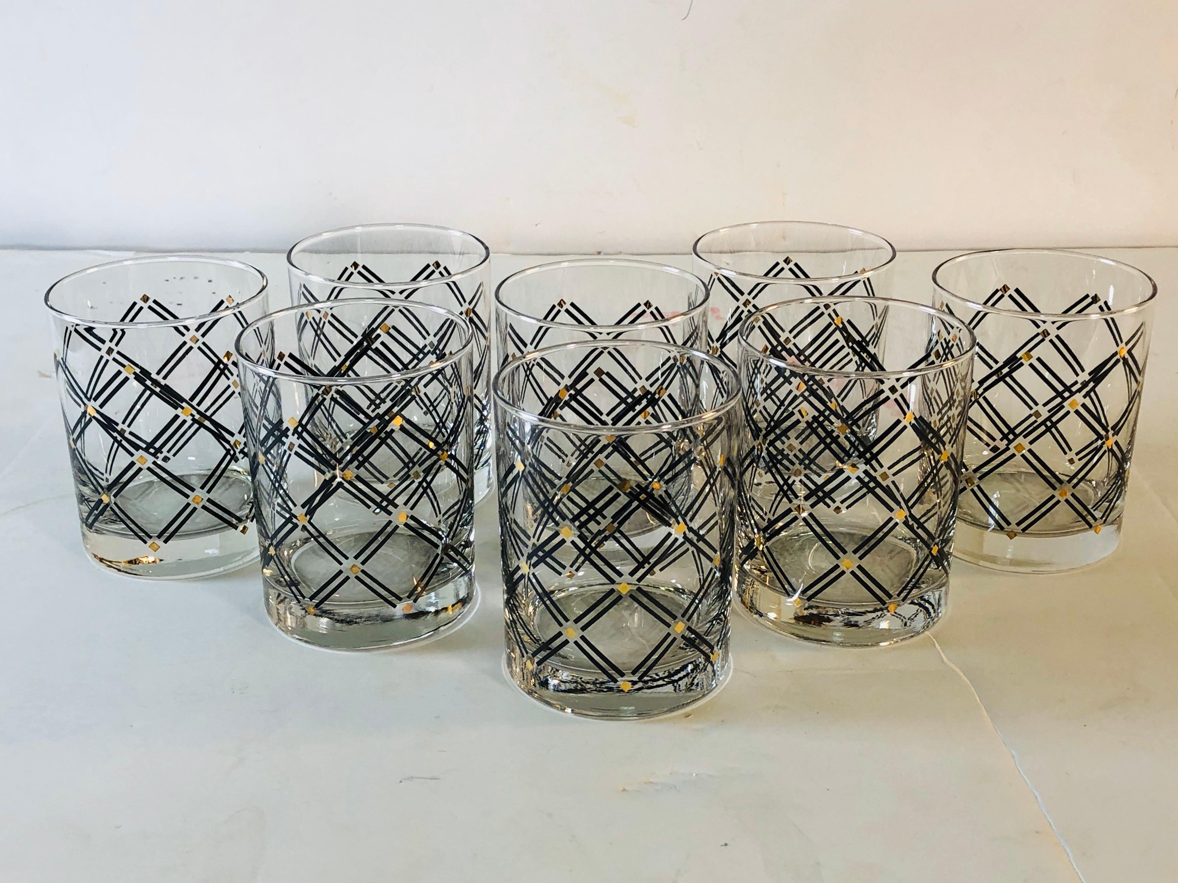 Black and gold diamond patterned old fashioned whiskey tumblers, set of 8. No marks. Excellent condition. No marks.