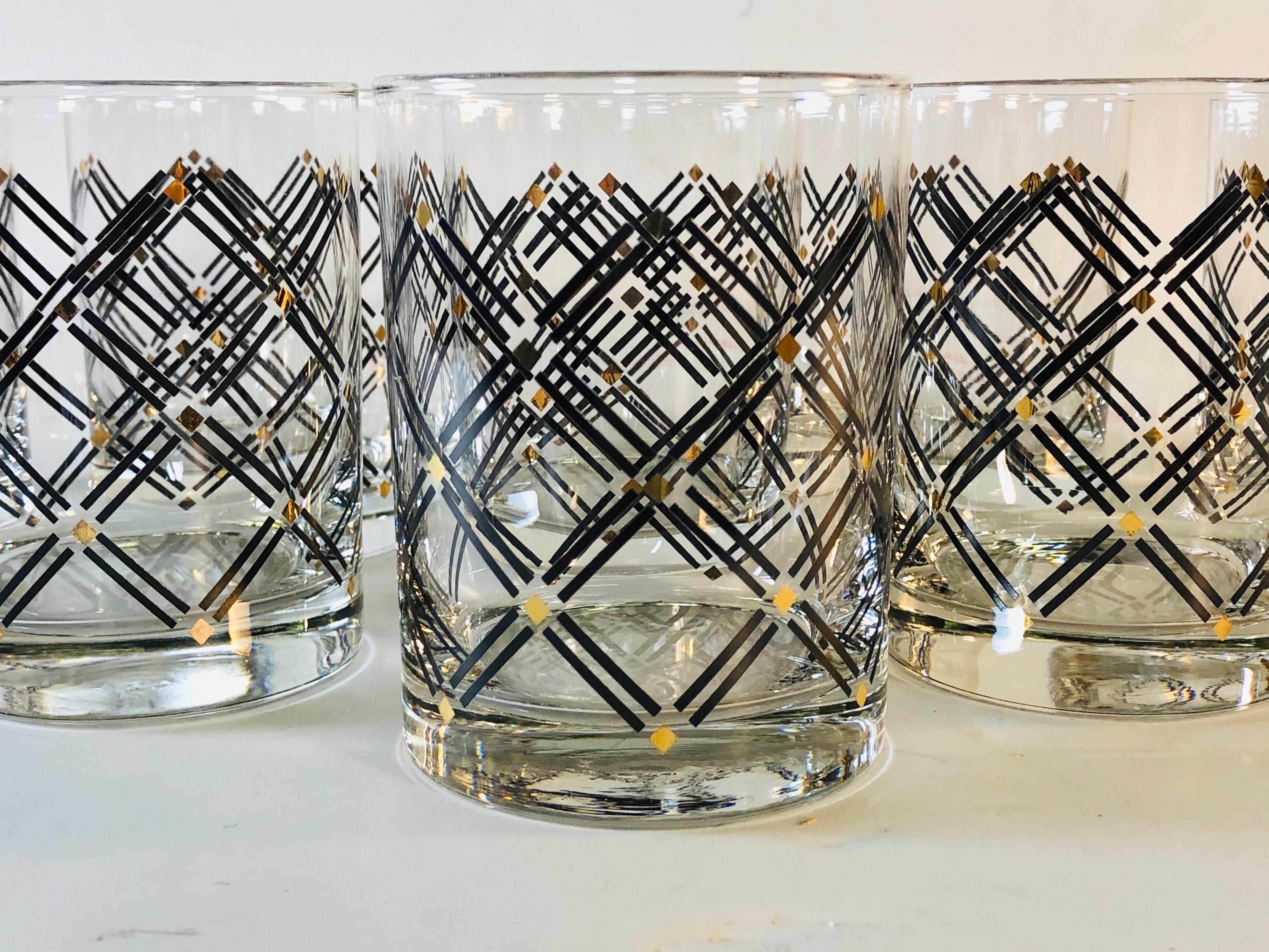 Mid-Century Modern Black and Gold Diamond Old Fashioned Whiskey Glass Tumblers, Set of 8
