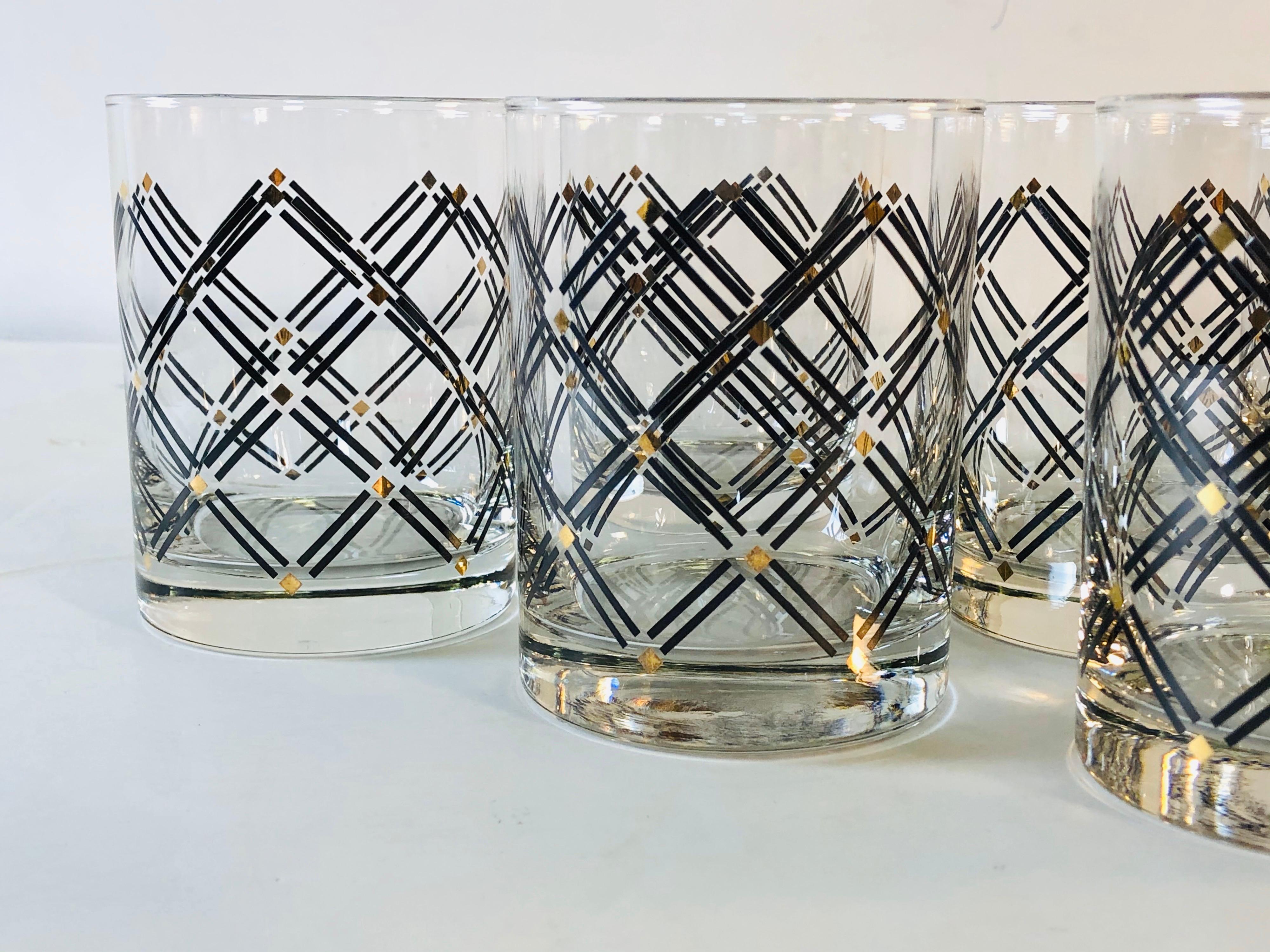 American Black and Gold Diamond Old Fashioned Whiskey Glass Tumblers, Set of 8