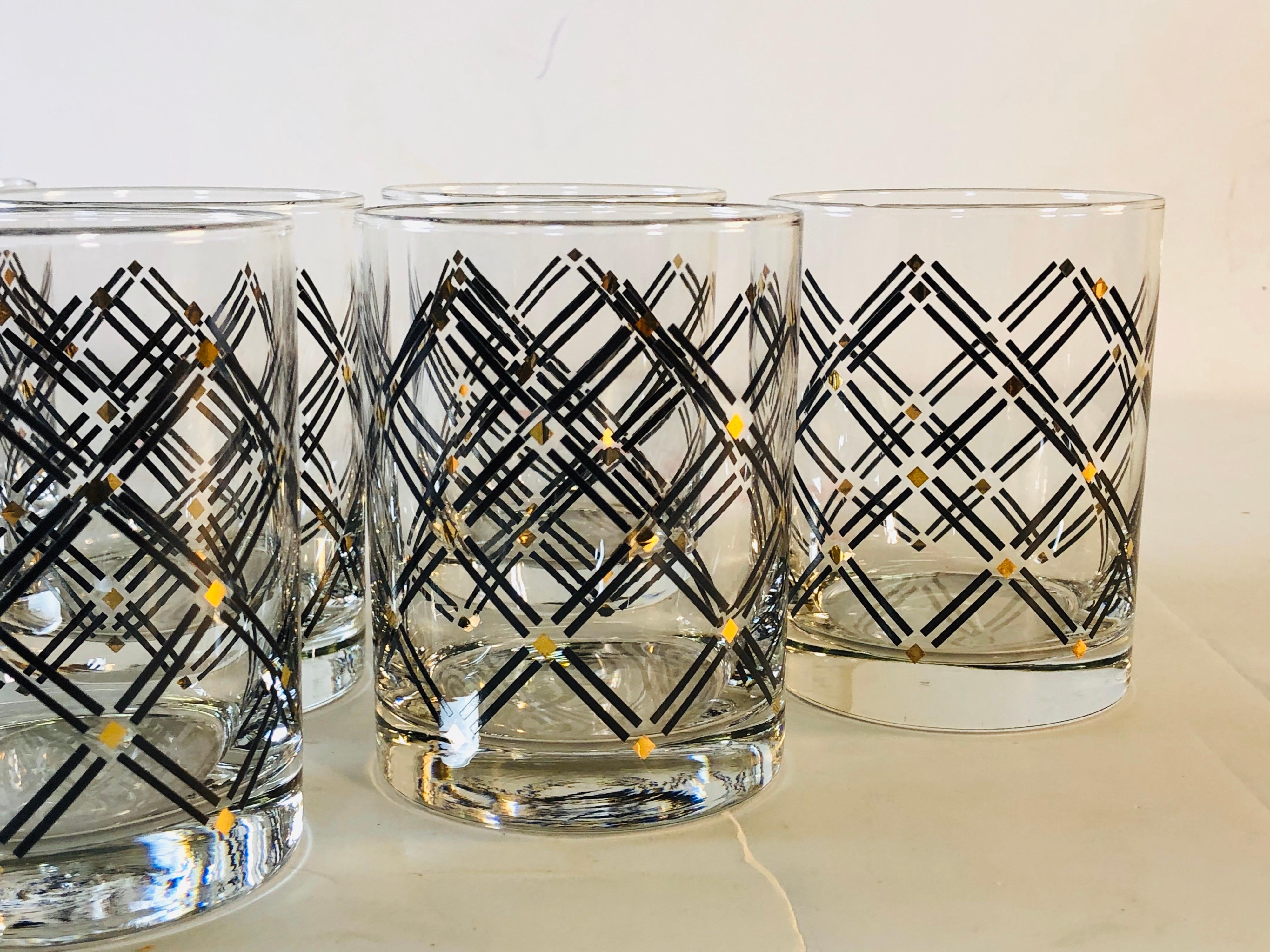20th Century Black and Gold Diamond Old Fashioned Whiskey Glass Tumblers, Set of 8