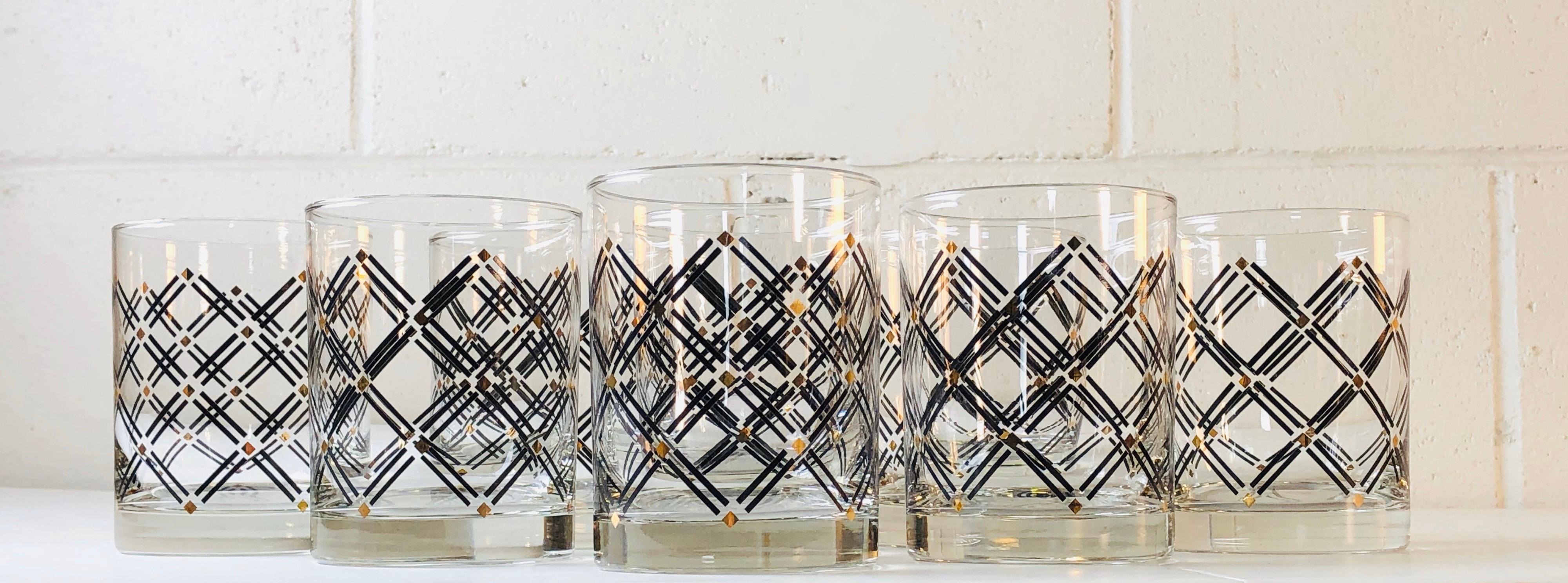 Black and Gold Diamond Old Fashioned Whiskey Glass Tumblers, Set of 8 1