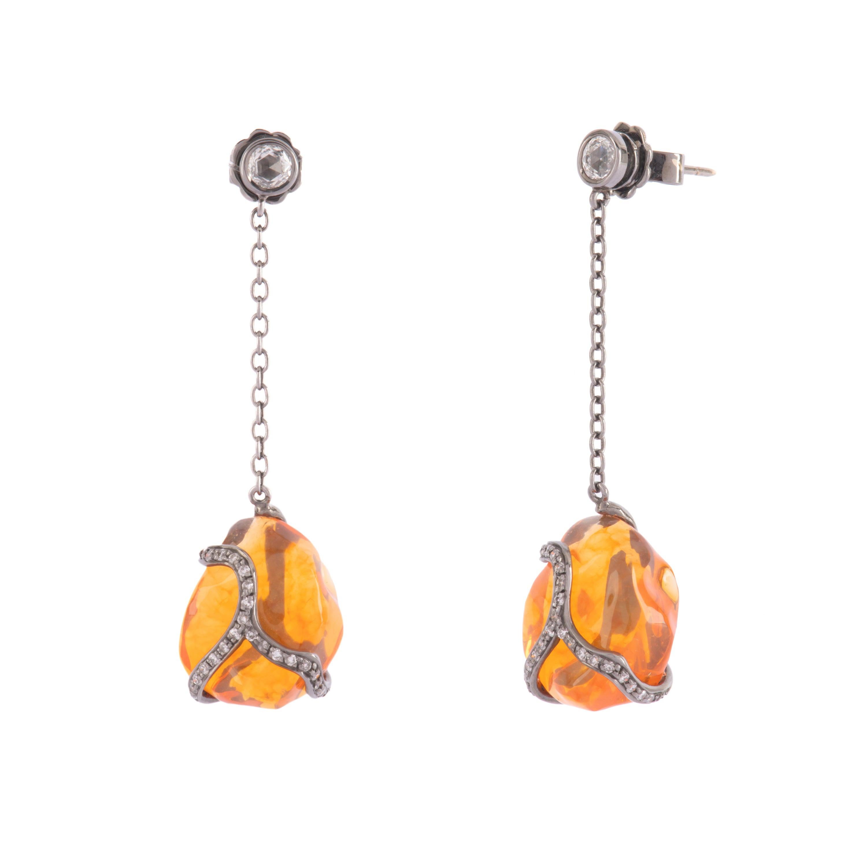 Black Gold Earrings Featured Two Big Fire Opal and Diamonds