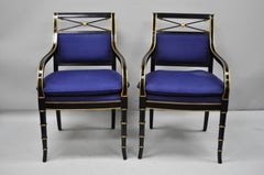 Black & Gold English Regency Style Arrow Back Armchairs Neoclassical Chair, Pair